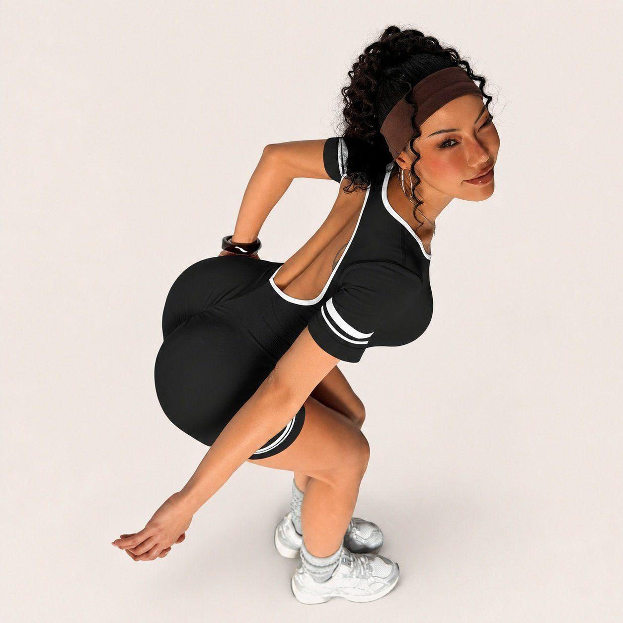 Enterito deportivo push up corto mujer manga corta espalda descubierta Sukha Negro-5