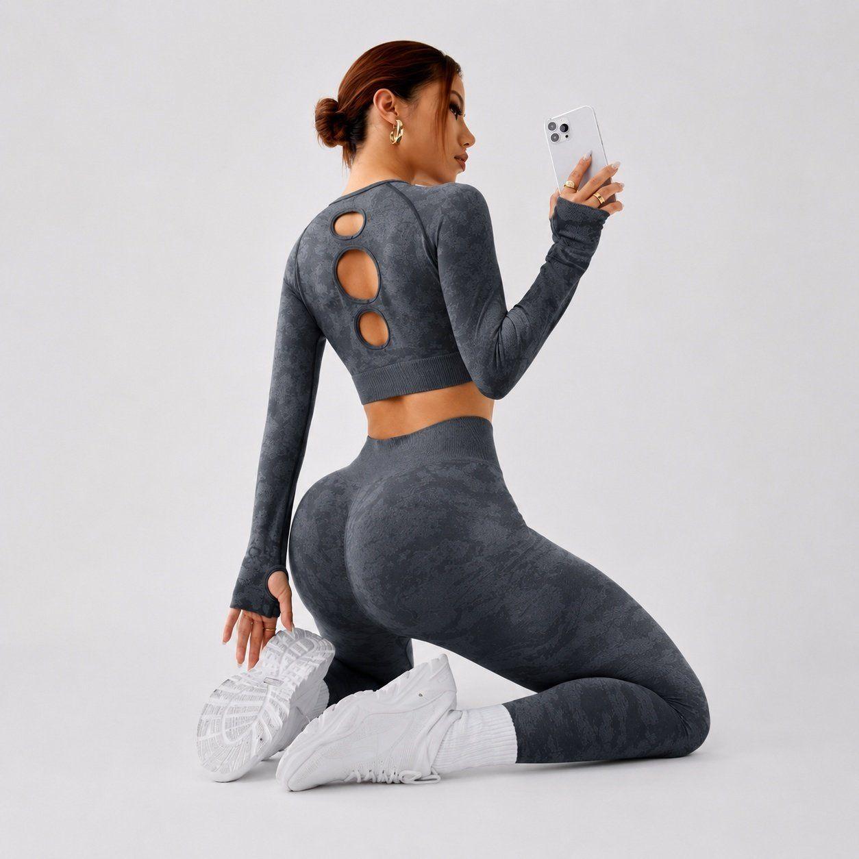 Conjunto deportivo push up mujer manga larga espalda descubierta Sukha Gris-4