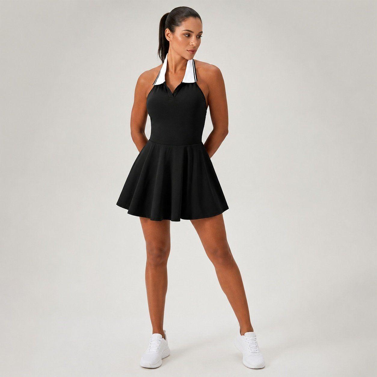 Vestido deportivo plisado mujer cuello V Sukha Negro-2