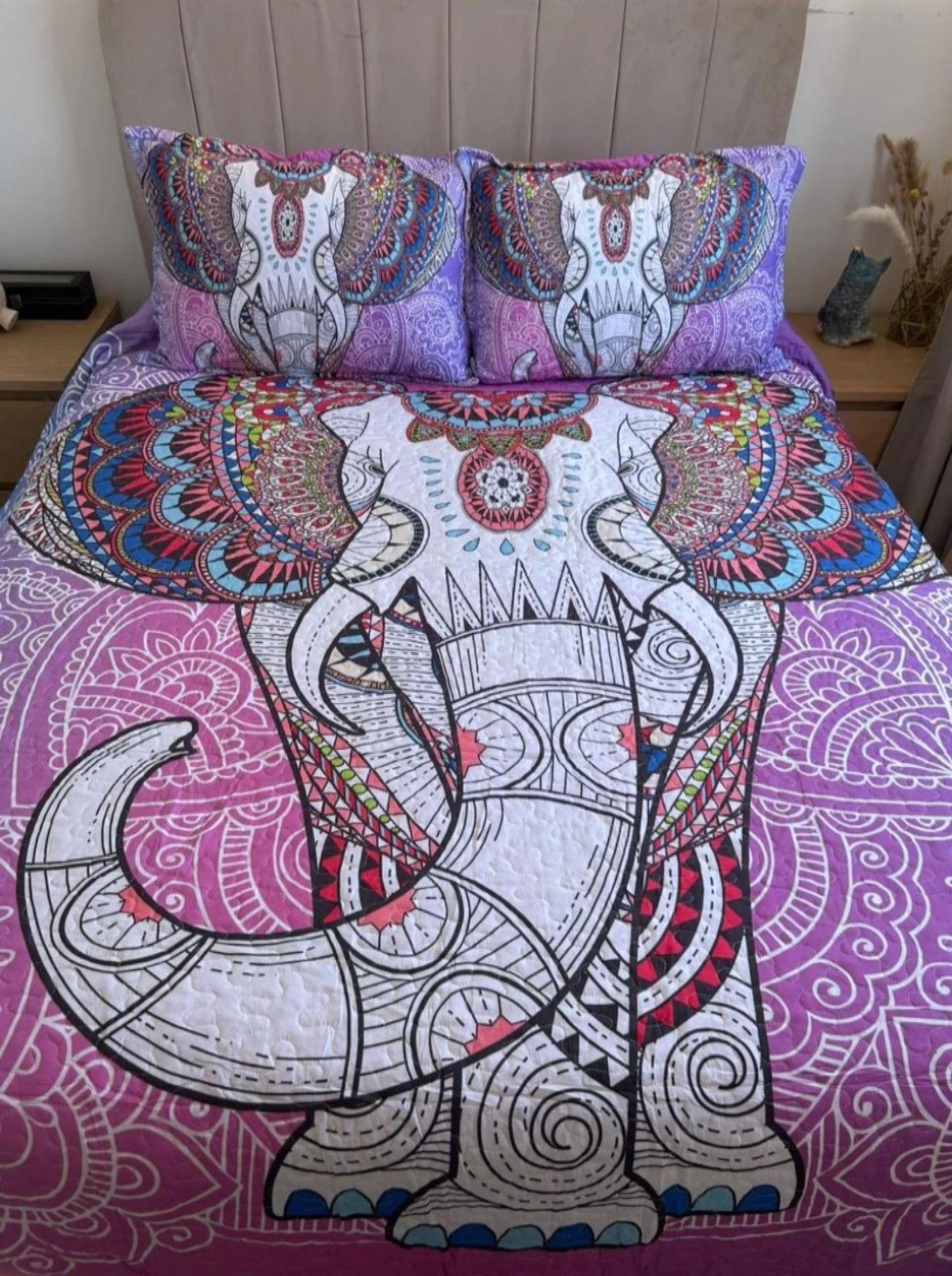 Cubrecama De Microfibra Estampado 2 Plazas - Diseño Elefante Mandala-2