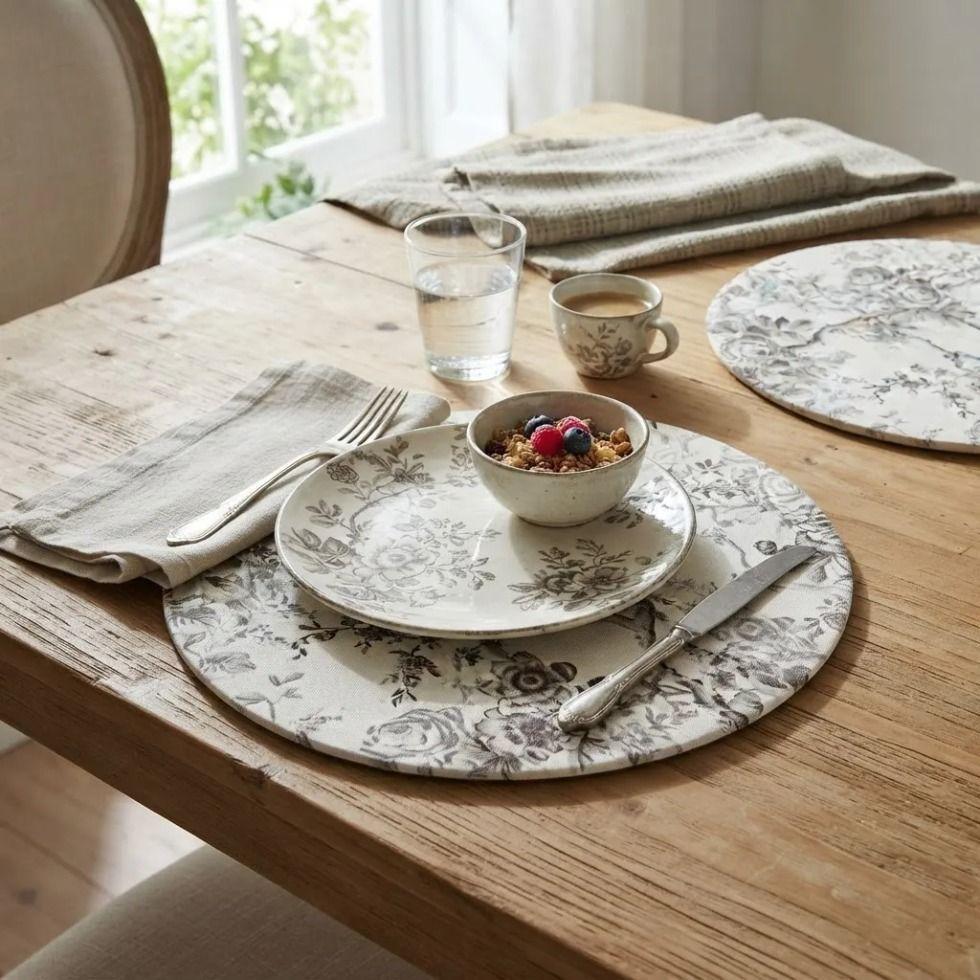 Beige Set de 6 Individuales Redondos Repelentes con Base MDF Jard n Frances-2