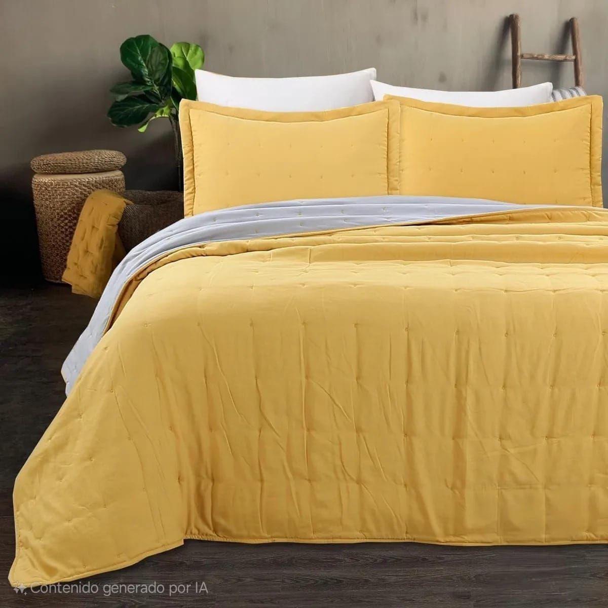 Cubrecama de algodón bordado 2 plazas - Mostaza -5