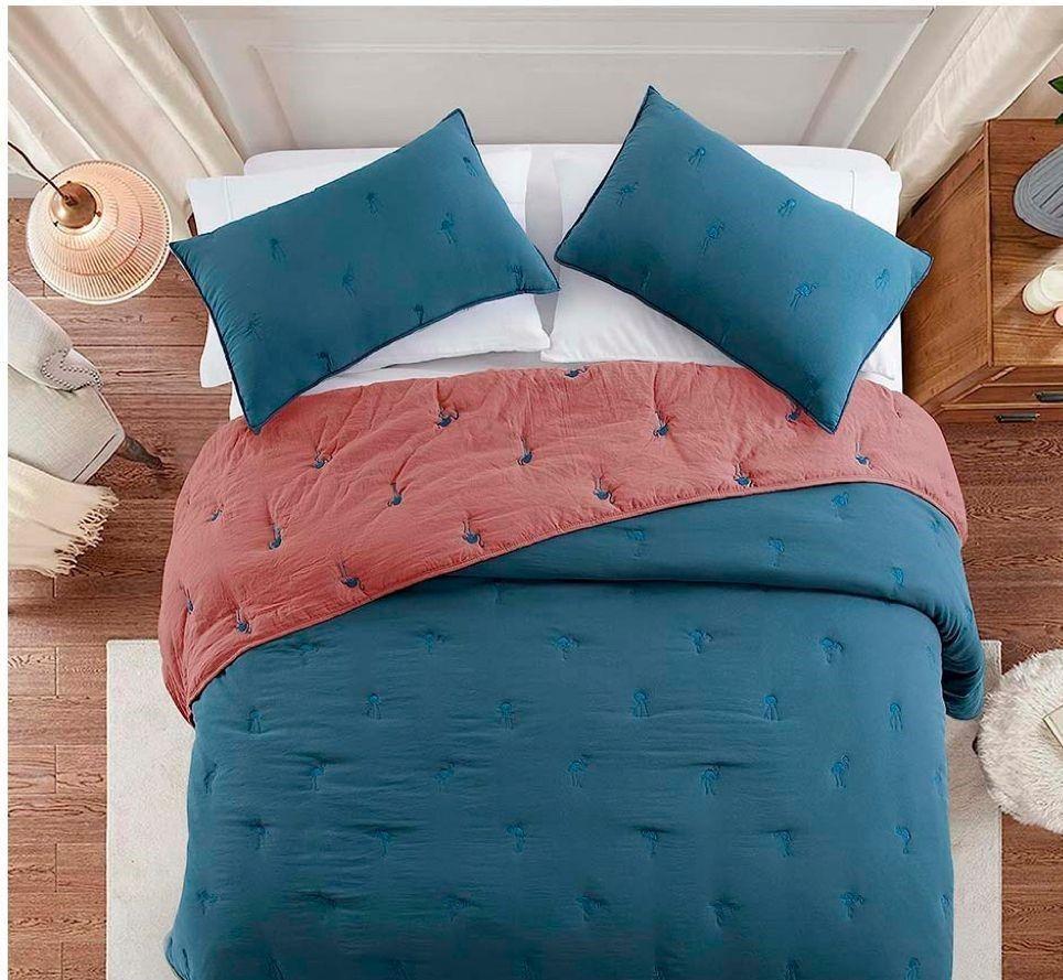 cubrecama de algodón bordado azul reversible 1.5-1