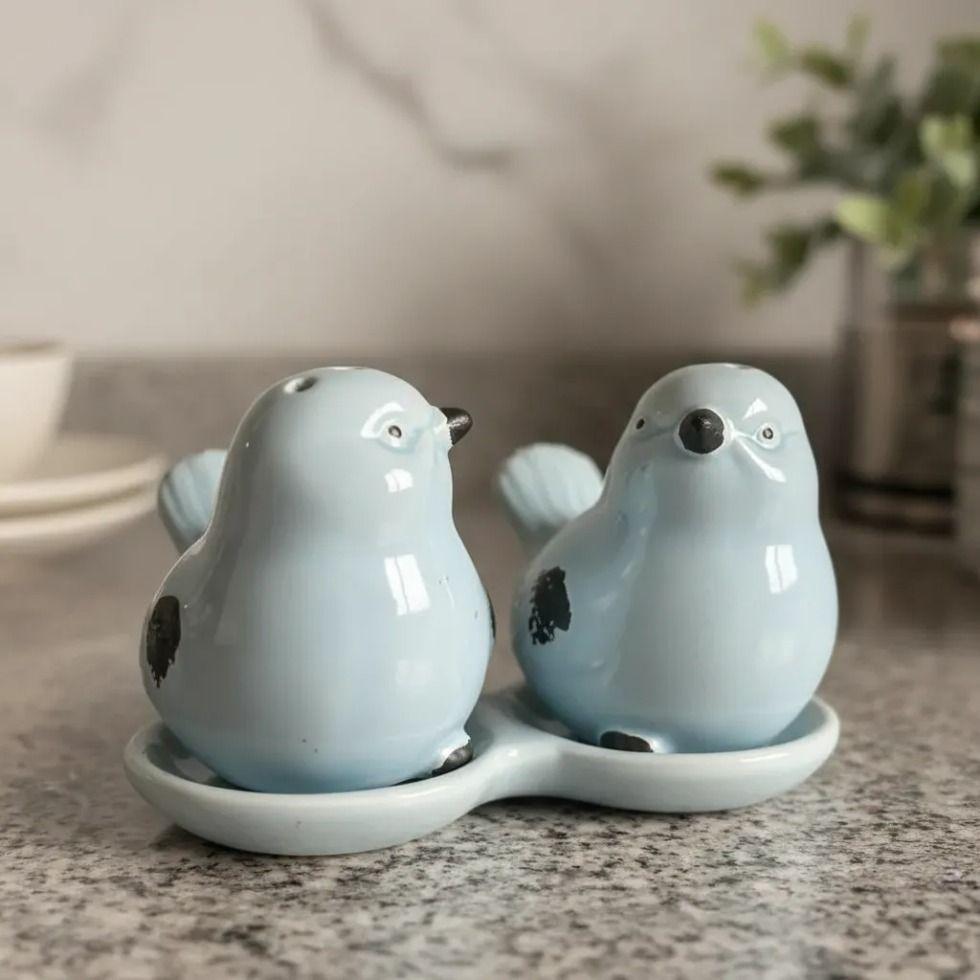 Set Salero Y Pimentero Cer mico Decorativo Pajaritos Celest-3