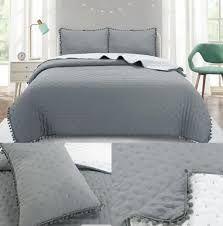 Cubrecama de algodón con pompones KING - Gris-2