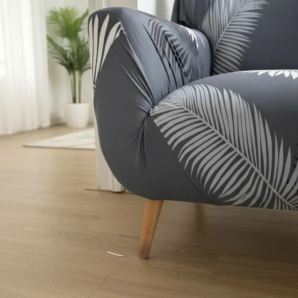 Funda de sofá estampada de 1 cuerpo - Diseño Gris hojas-6