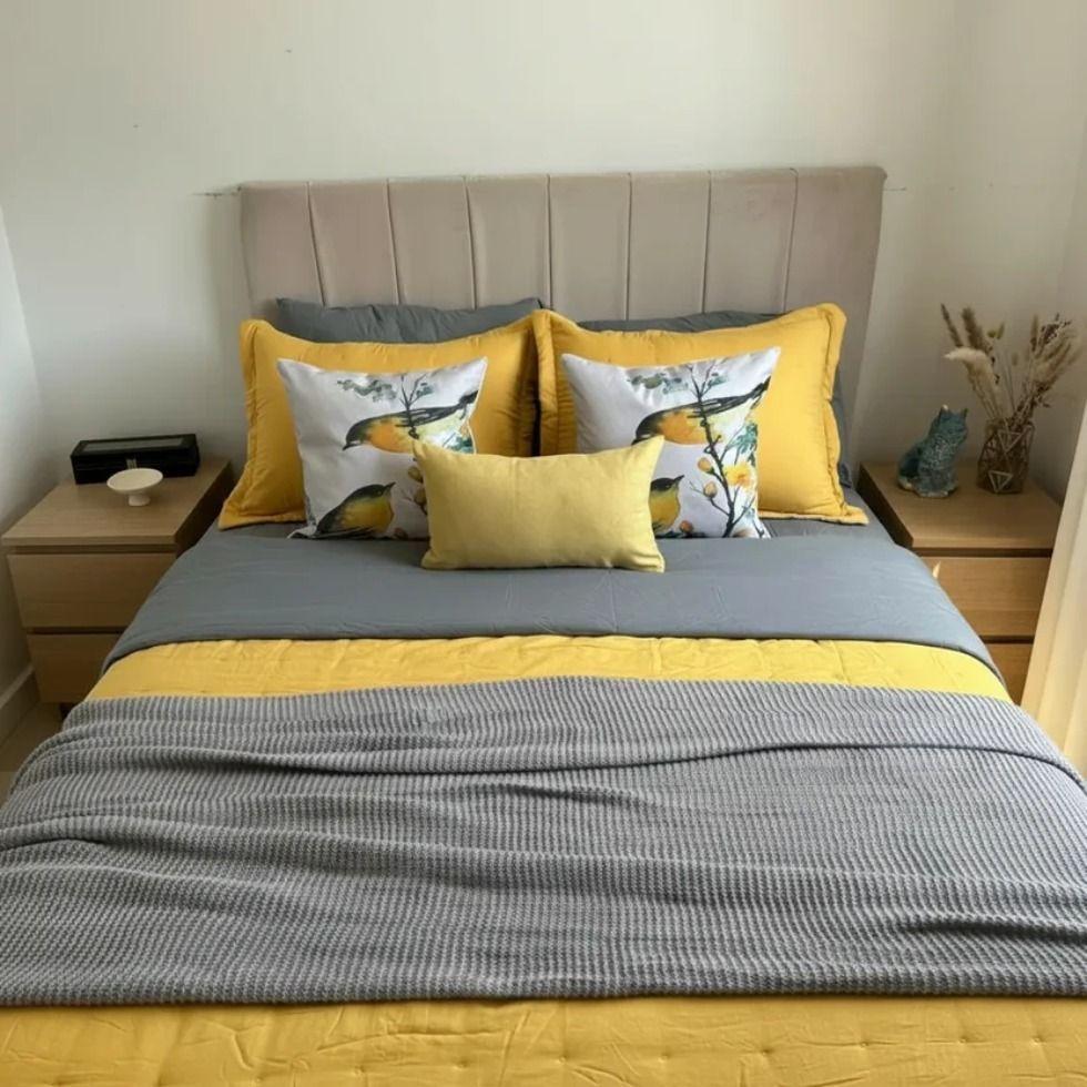 Set Ropa De Cama Gris Mostaza 6 Piezas Algodon Chenille King-0