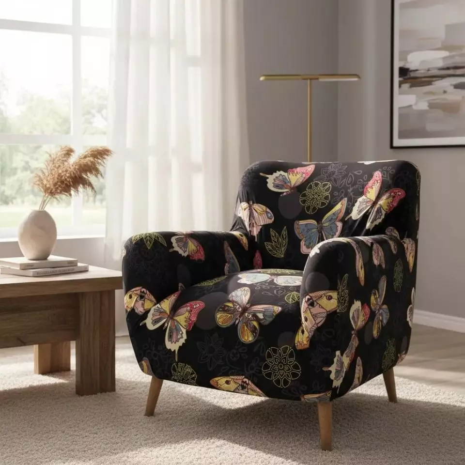 Funda de sofá estampada de 1 cuerpo - Diseño Mariposa negra-2