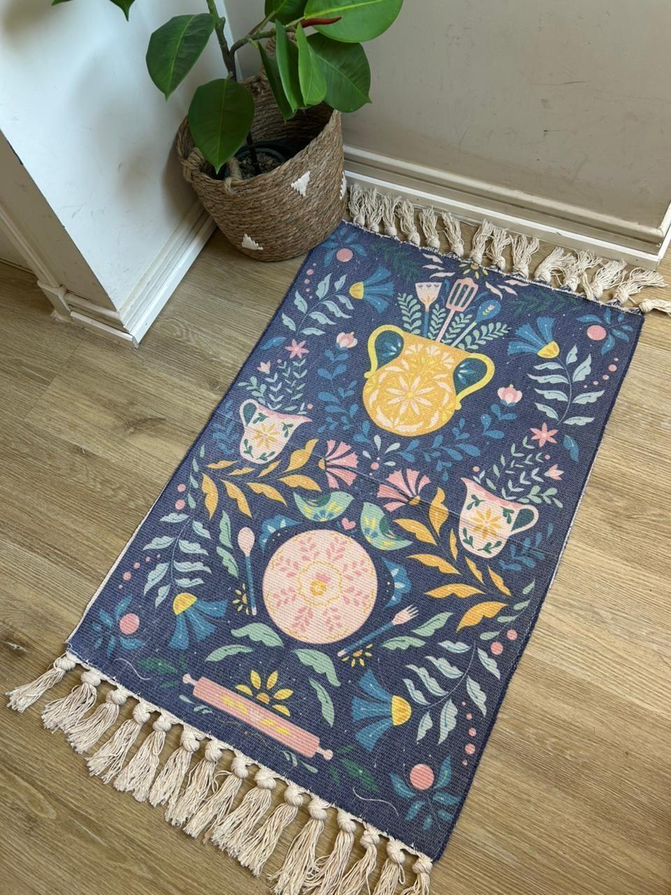 Alfombra Kilim tejida azul 60x90cm - diseño macetero-1