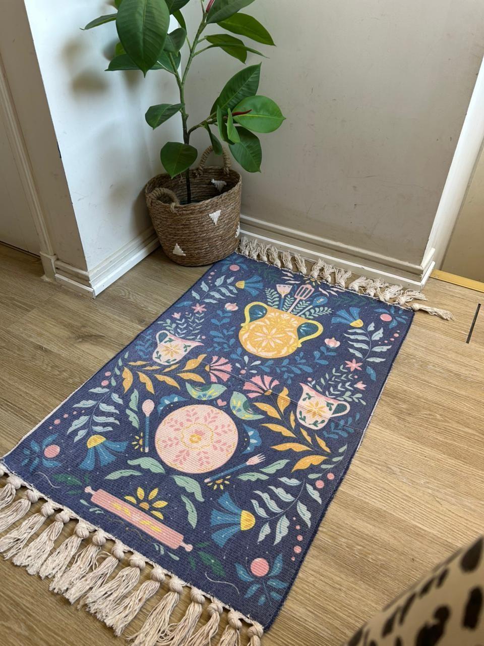 Alfombra Kilim tejida azul 60x90cm - diseño macetero-2