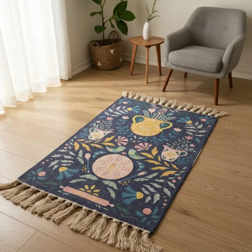 Alfombra Kilim tejida azul 60x90cm - diseño macetero-4