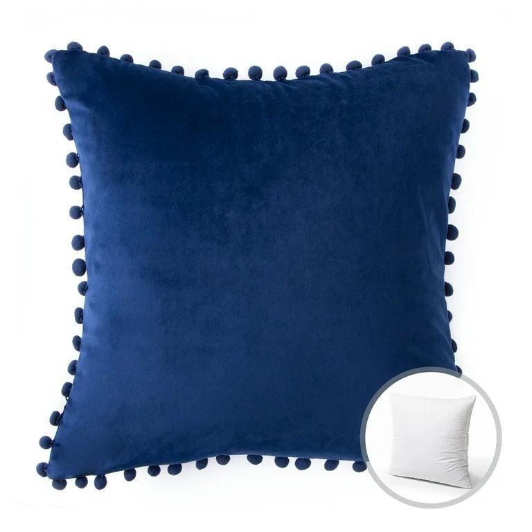 Cojín terciopelo con pompones 45X45 - Azul-3
