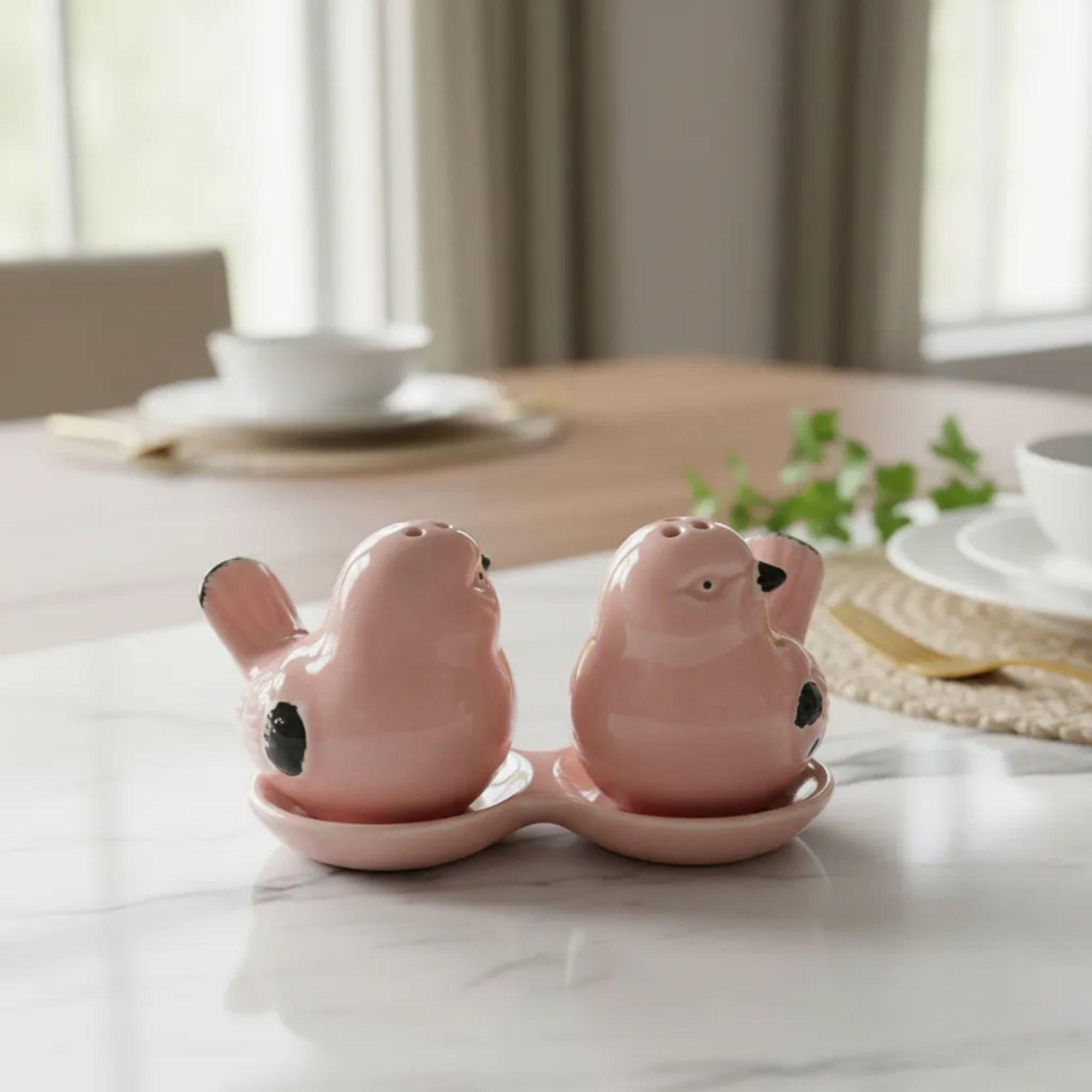 Set Salero Y Pimentero Cer mico Decorativo Pajaritos Rosa-3