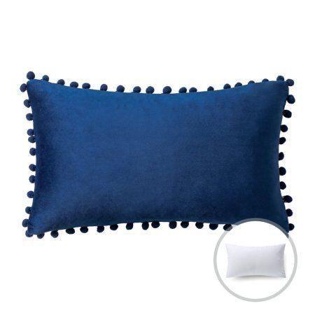 Cojín terciopelo con pompones 30X50 - Azul-2