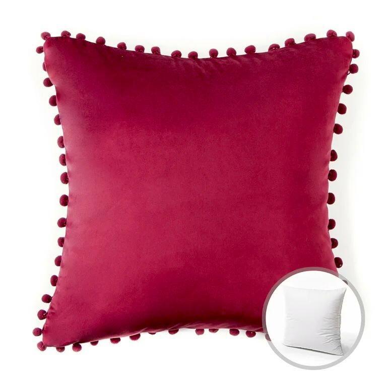 Cojín terciopelo con pompones 45X45 - Rojo-2