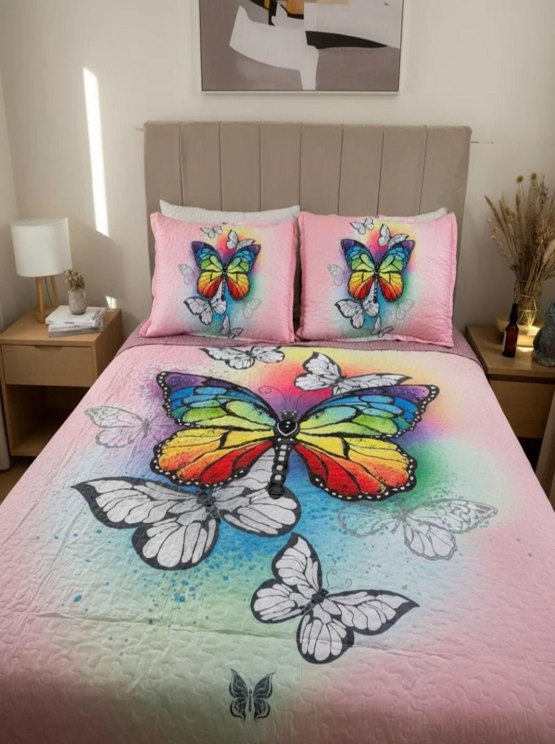 Cubrecama De Microfibra Estampado 2 Plazas - Diseño Mariposa Rosa-0