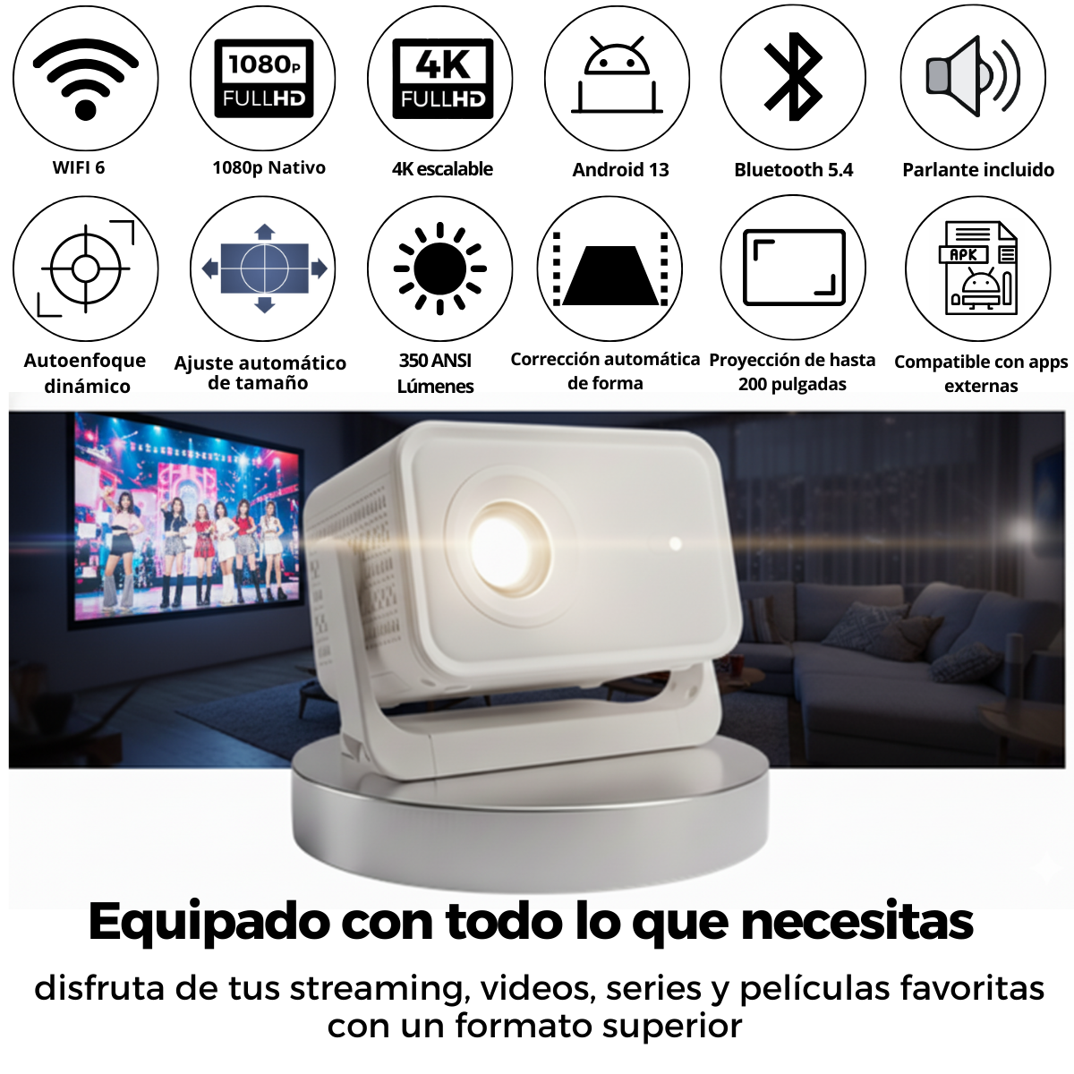 Proyector Portatil Wifi Led Full Hd 7000 lumenes Android 13 Bt-2