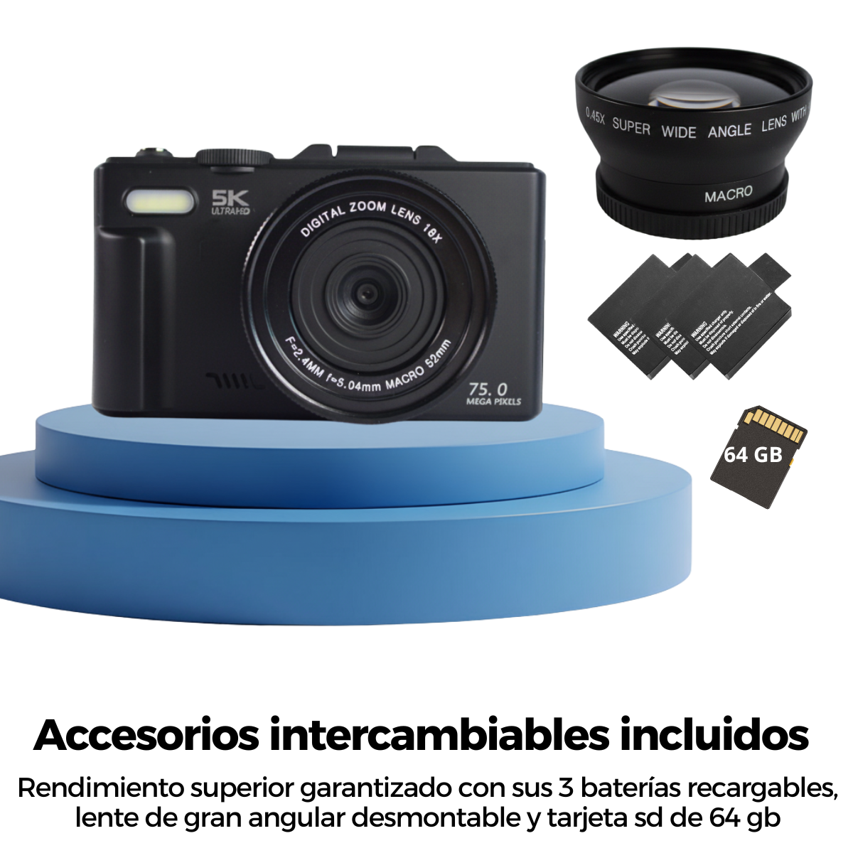 Cámara digital 5K 75MP pantalla abatible con wifi 64 GB + accesorios-7
