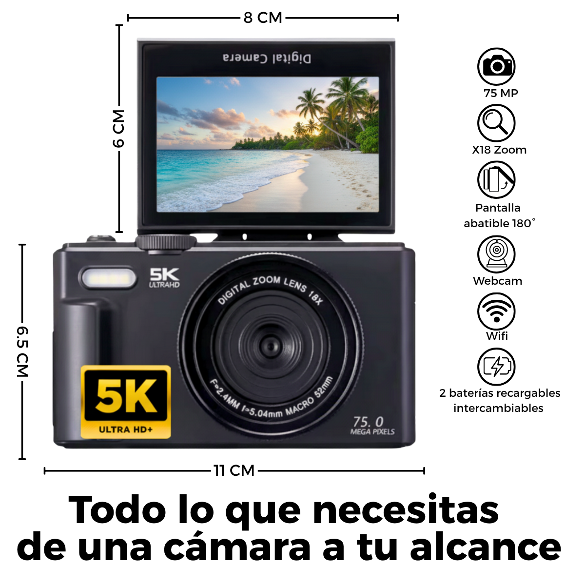 Cámara digital 5K 75MP pantalla abatible con wifi 64 GB + accesorios-1