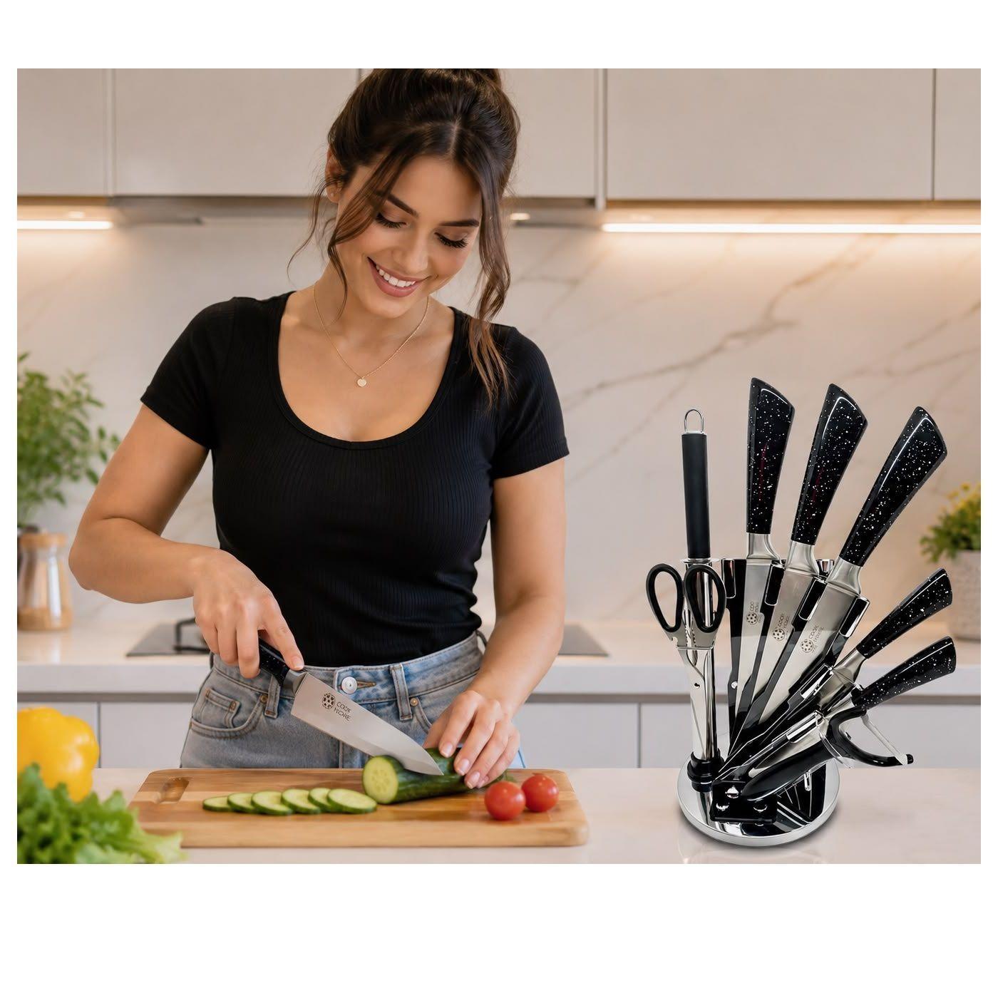 Set de Cuchillos de Cocina 8 Piezas con Soporte Giratorio Acero Inoxidable-1