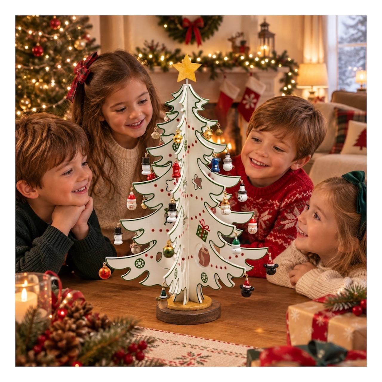 Pequeño Árbol de Navidad Decorativo de Madera con Adornos y Estrella-2