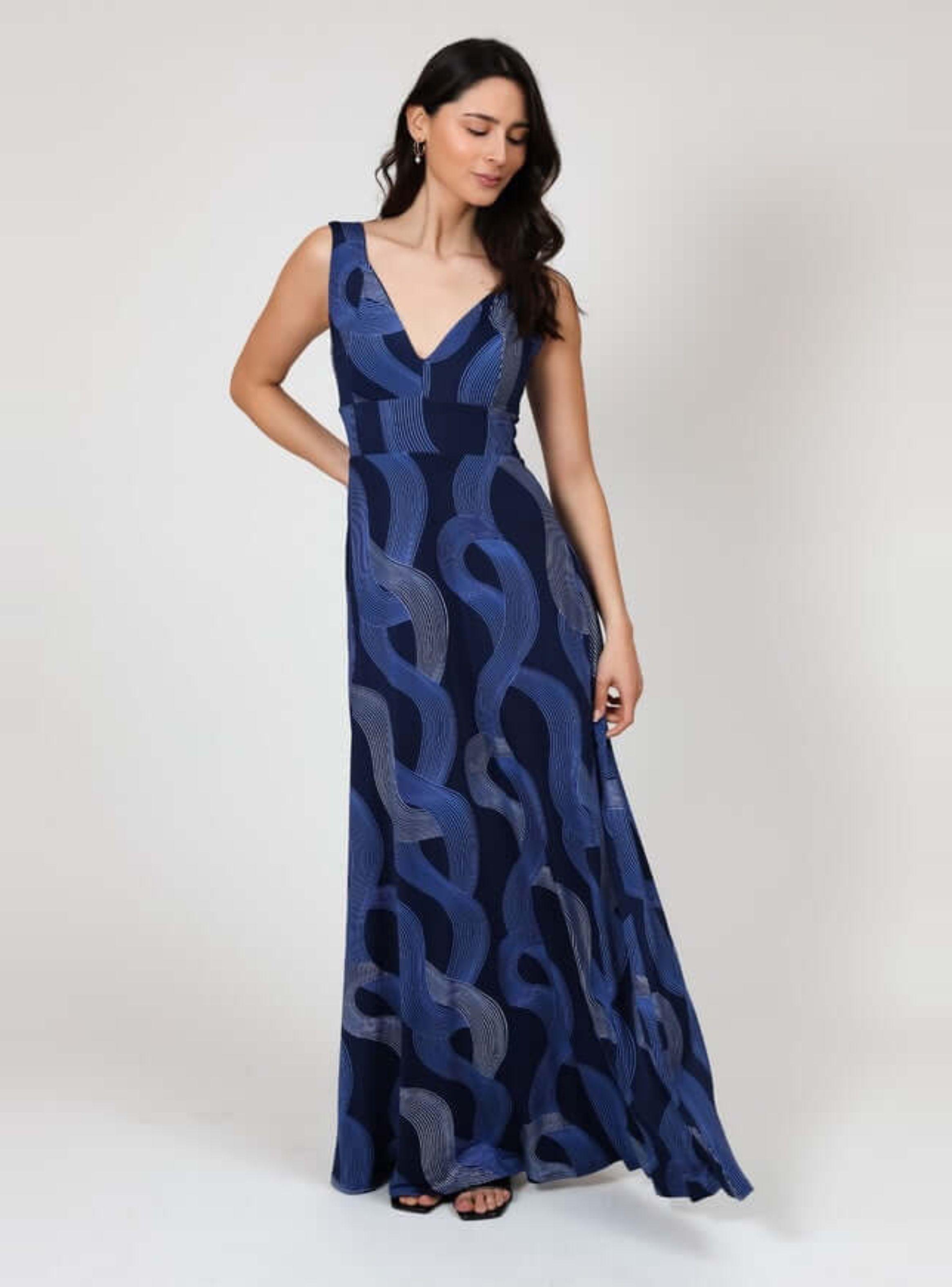 Vestido Vera Sin Mangas Azul Lineas Plateadas Natalia Seguel-0