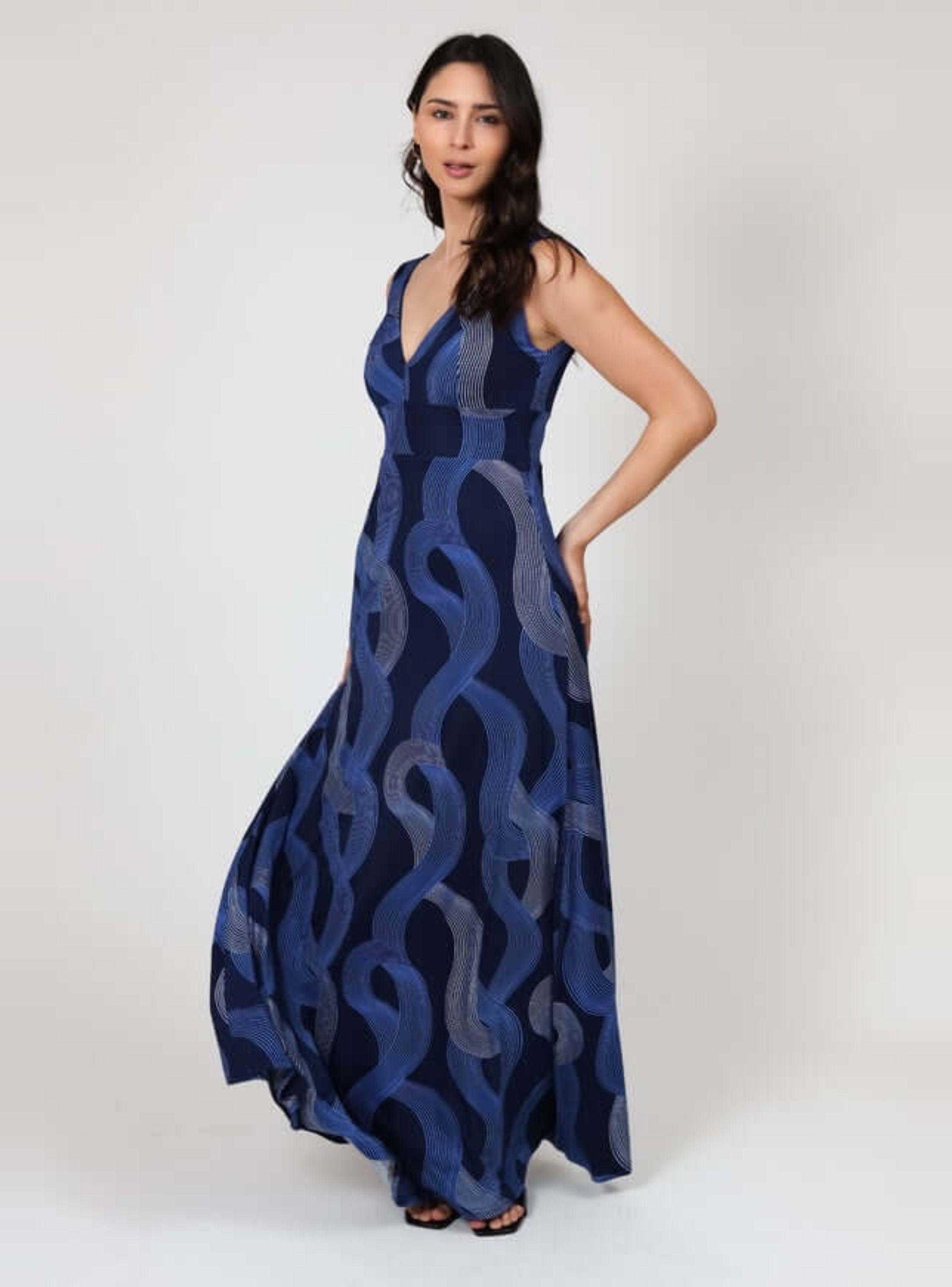 Vestido Vera Sin Mangas Azul Lineas Plateadas Natalia Seguel-2