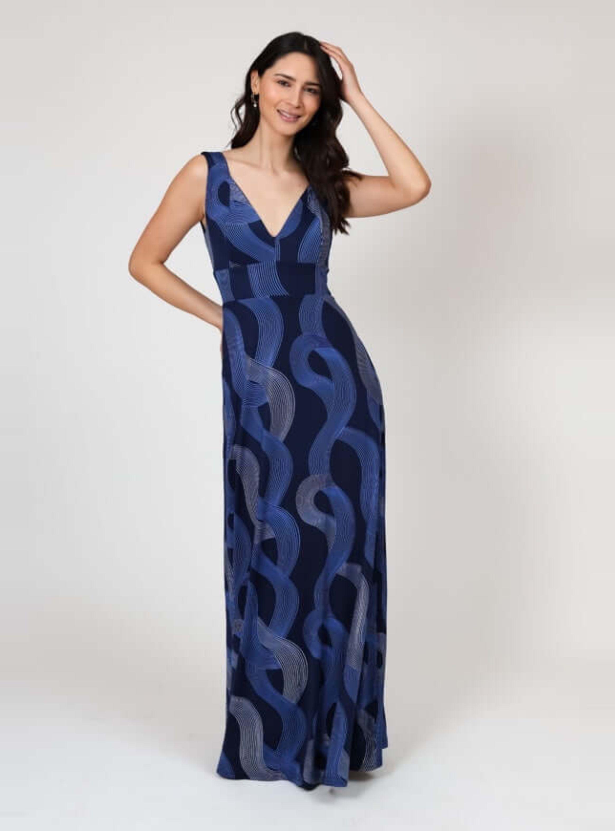 Vestido Vera Sin Mangas Azul Lineas Plateadas Natalia Seguel-3