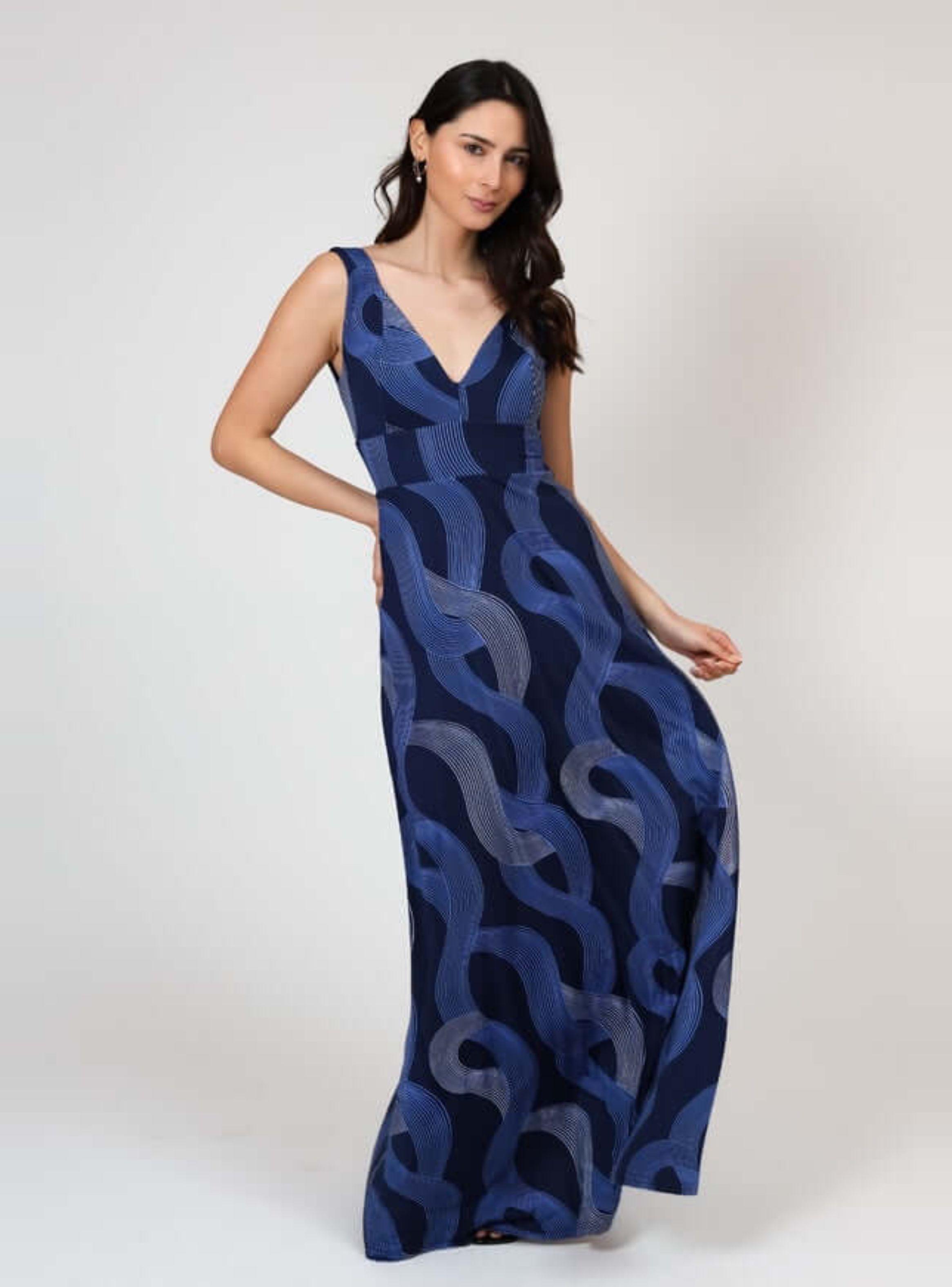 Vestido Vera Sin Mangas Azul Lineas Plateadas Natalia Seguel-4