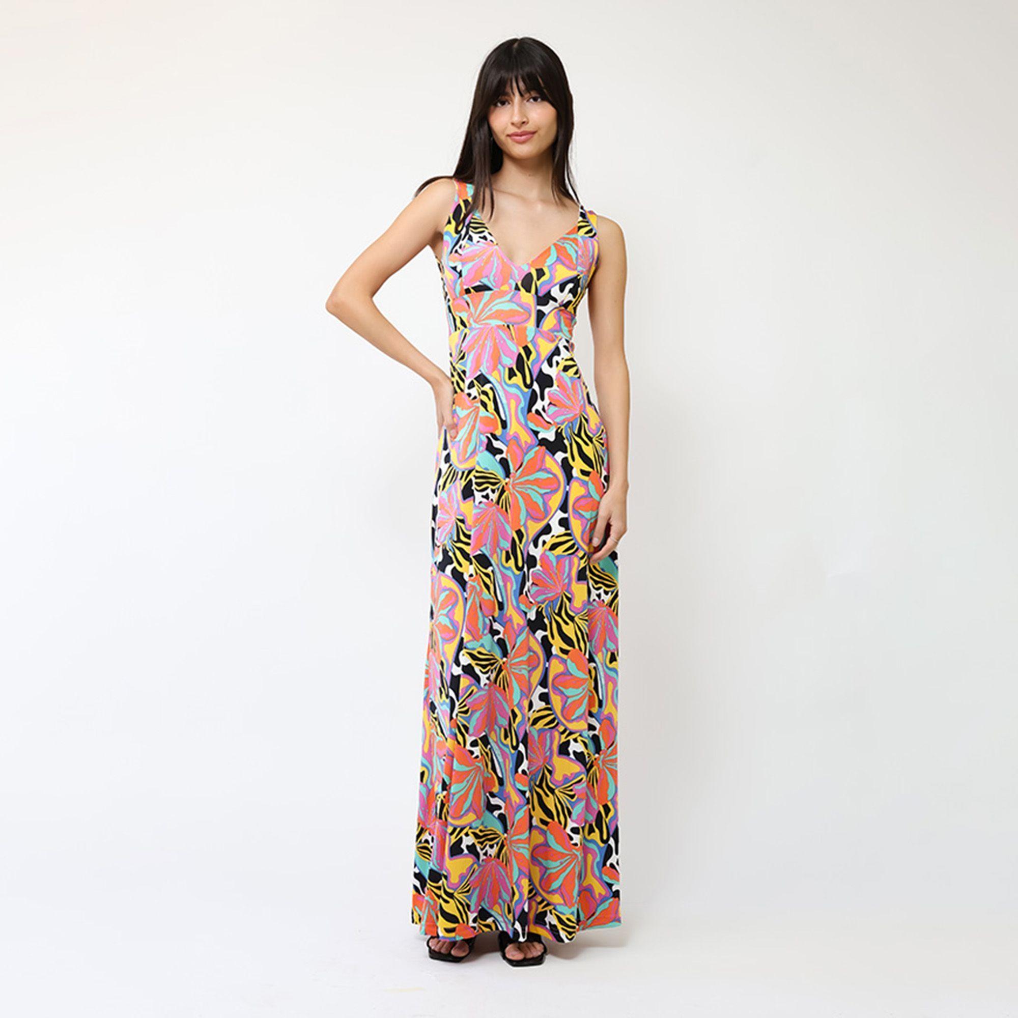 Vestido Camile Flores Naranjas turquesa Amarillo | Natalia Seguel-2