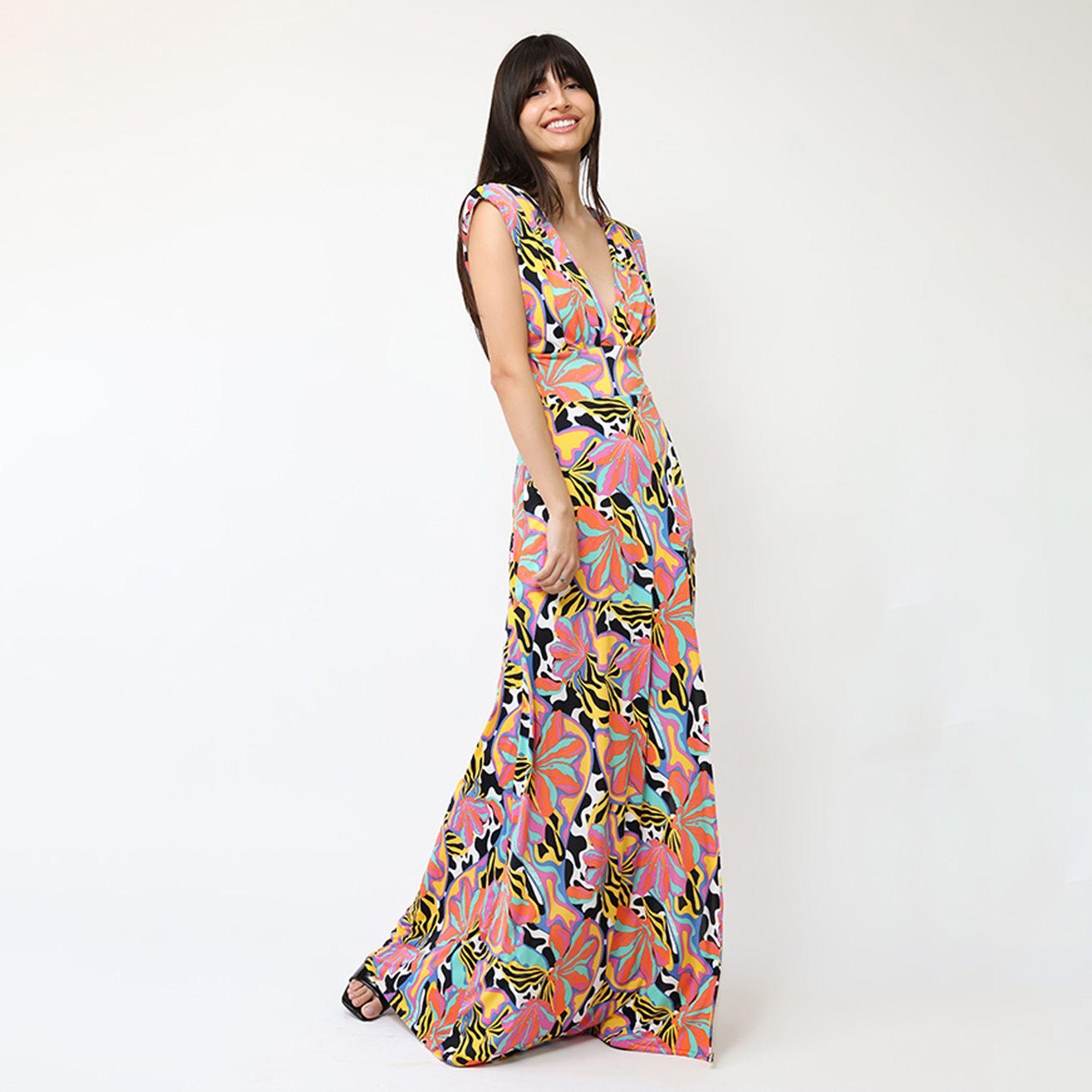 Vestido Camile Flores Naranjas turquesa Amarillo | Natalia Seguel-5