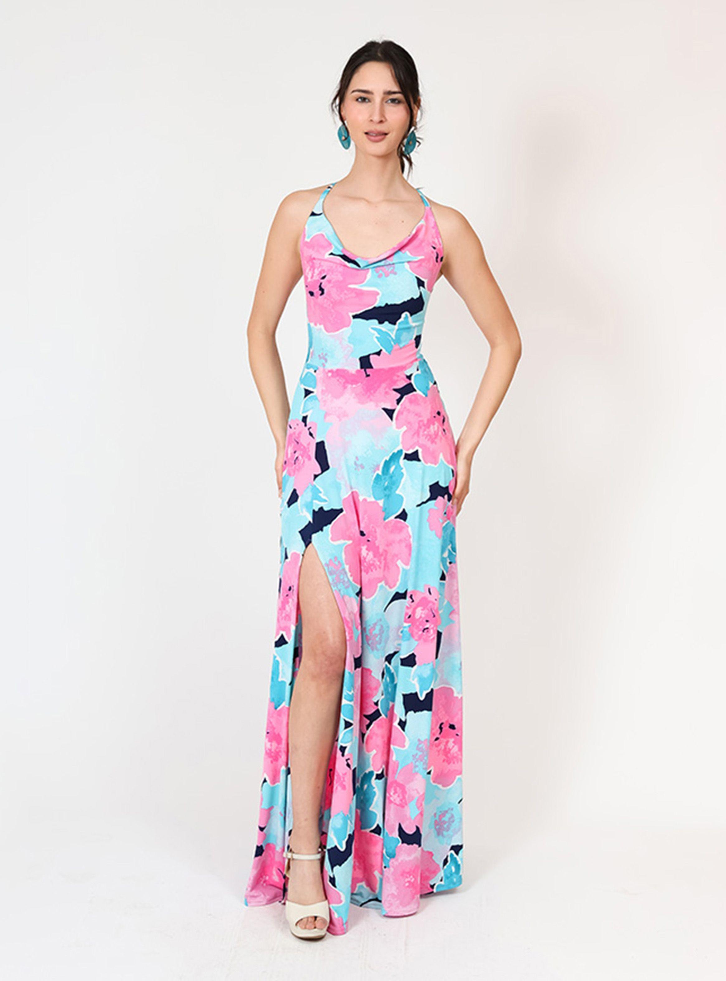 Vestido Zara Drapeado Tajo Turquesa Flores Fucsia Natalia Seguel-2