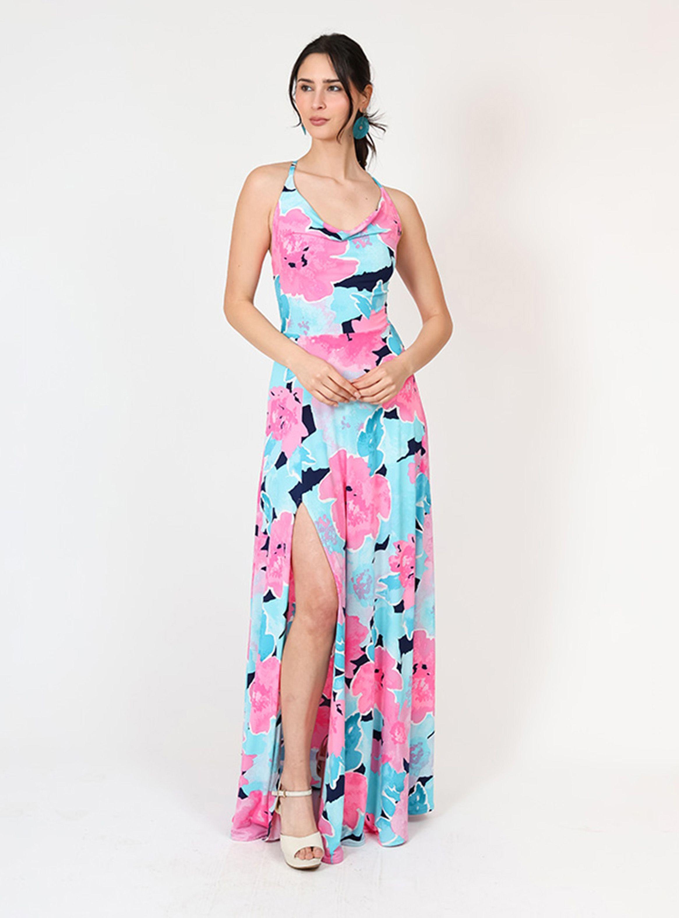 Vestido Zara Drapeado Tajo Turquesa Flores Fucsia Natalia Seguel-3