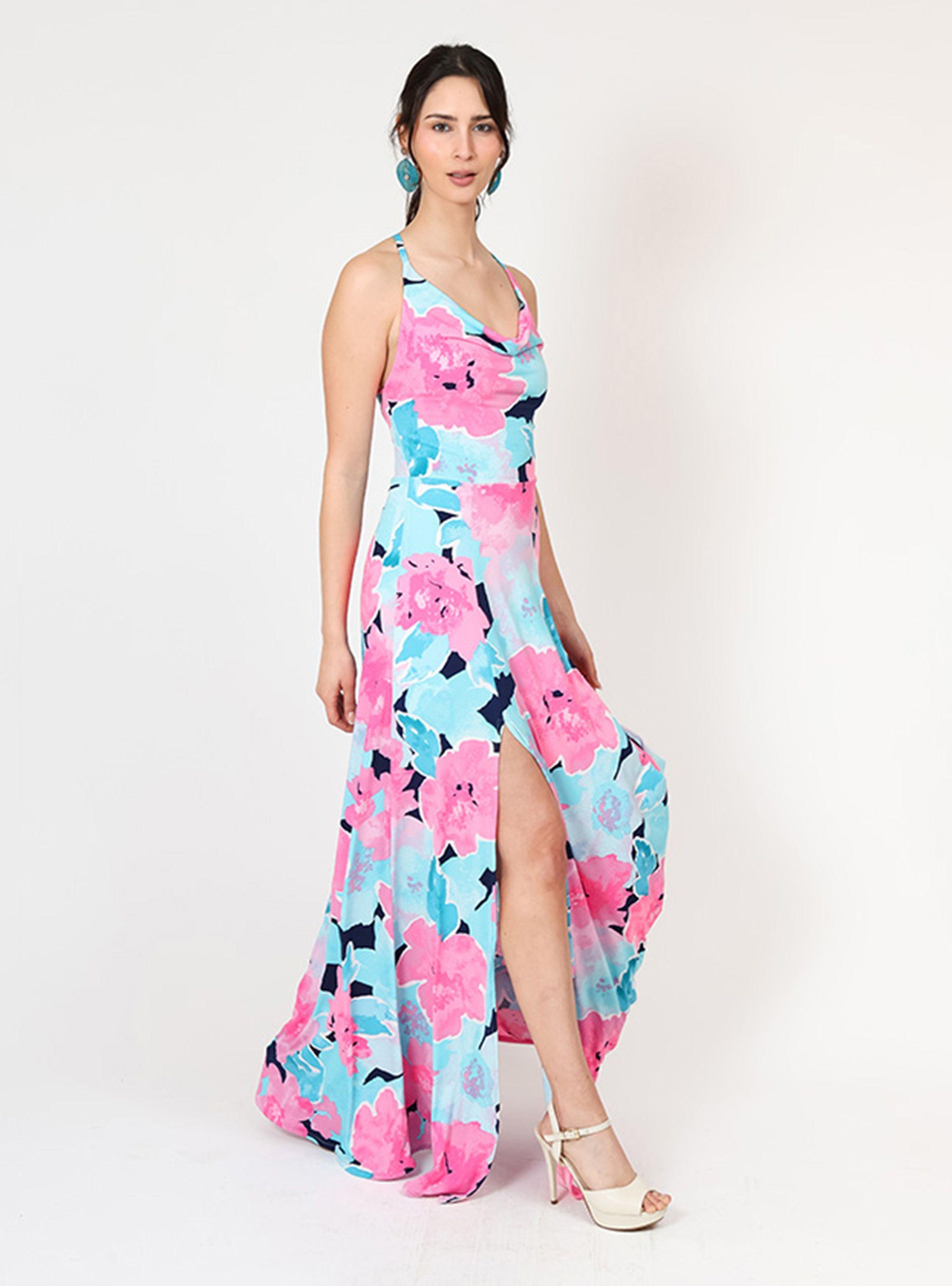 Vestido Zara Drapeado Tajo Turquesa Flores Fucsia Natalia Seguel-4