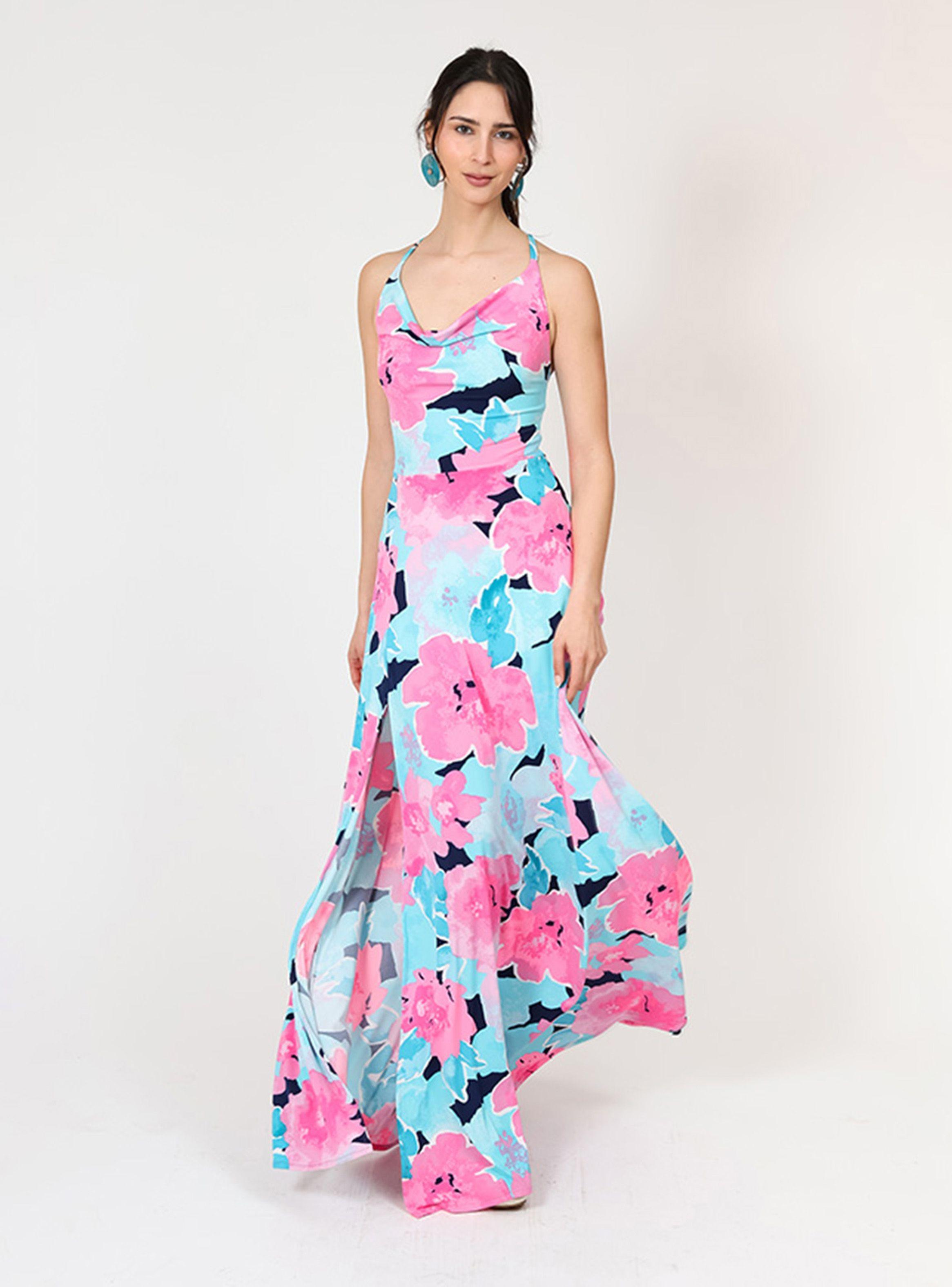 Vestido Zara Drapeado Tajo Turquesa Flores Fucsia Natalia Seguel-5