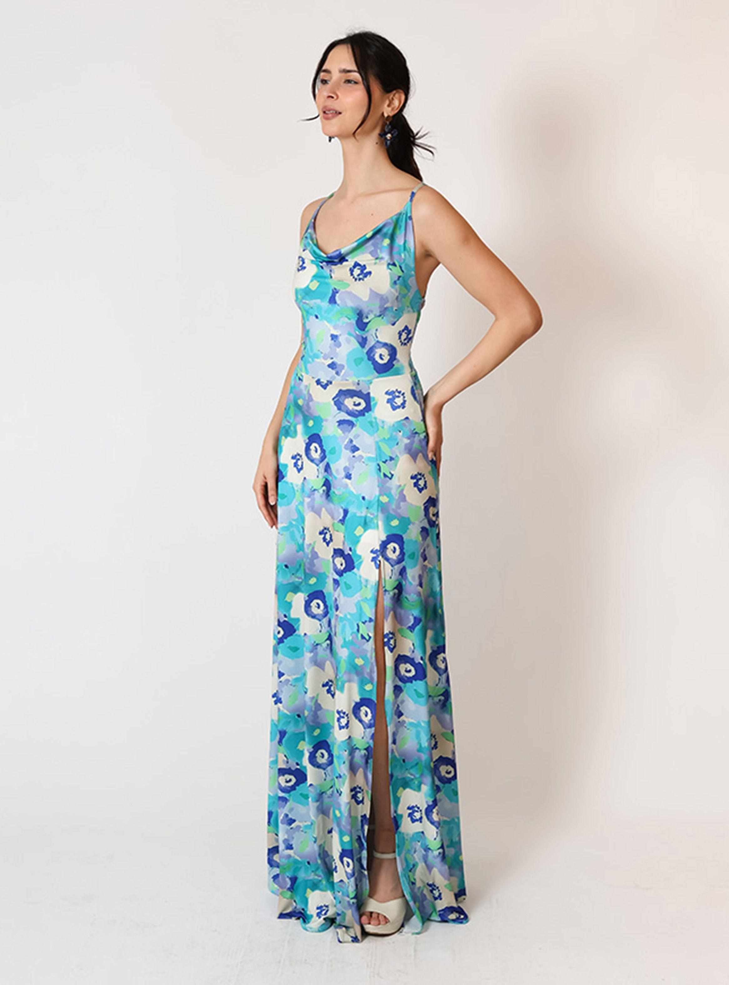 Vestido Zara Drapeado Tajo Turquesa Flores Celestes Natalia Seguel-2