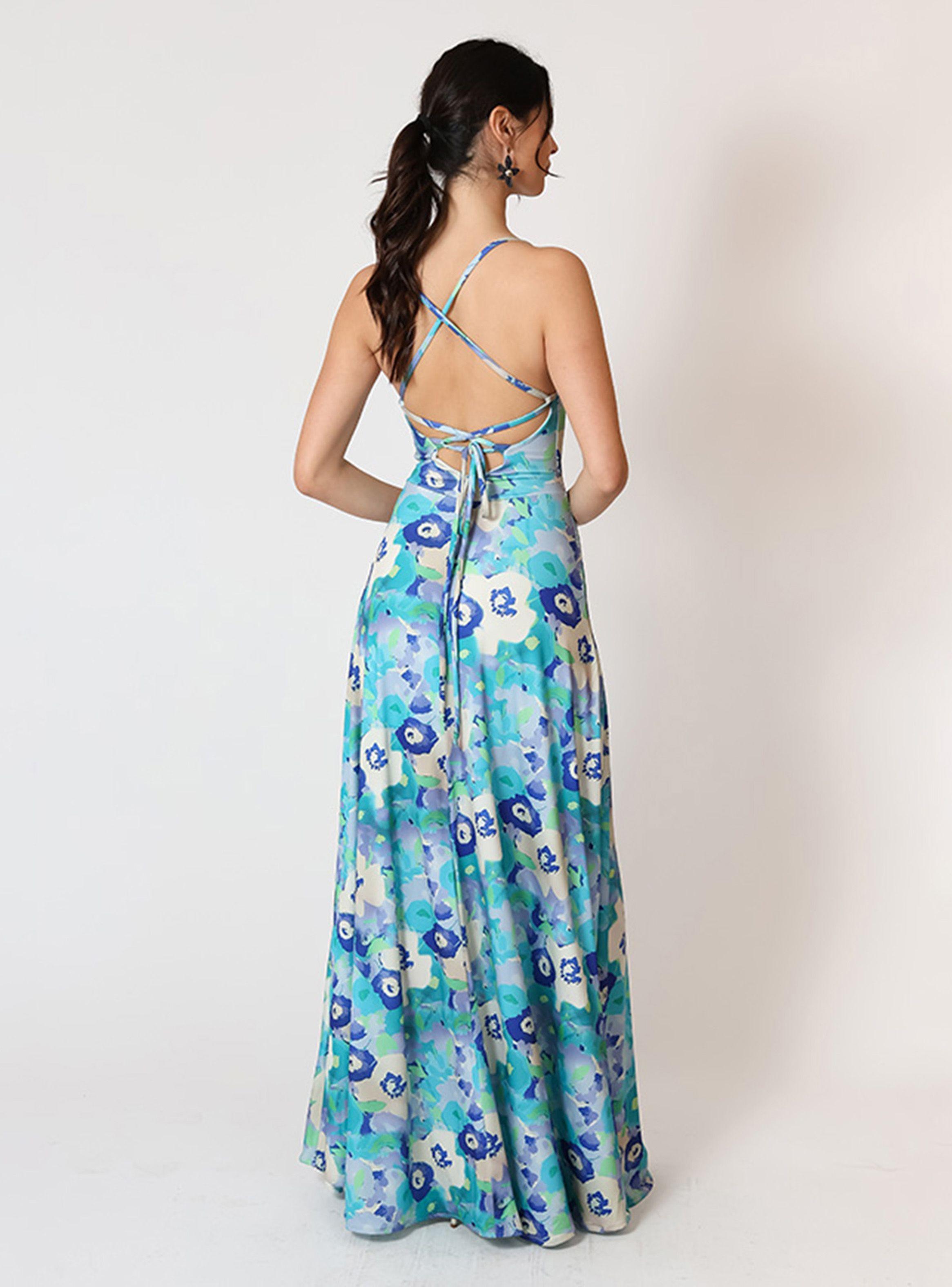 Vestido Zara Drapeado Tajo Turquesa Flores Celestes Natalia Seguel-3