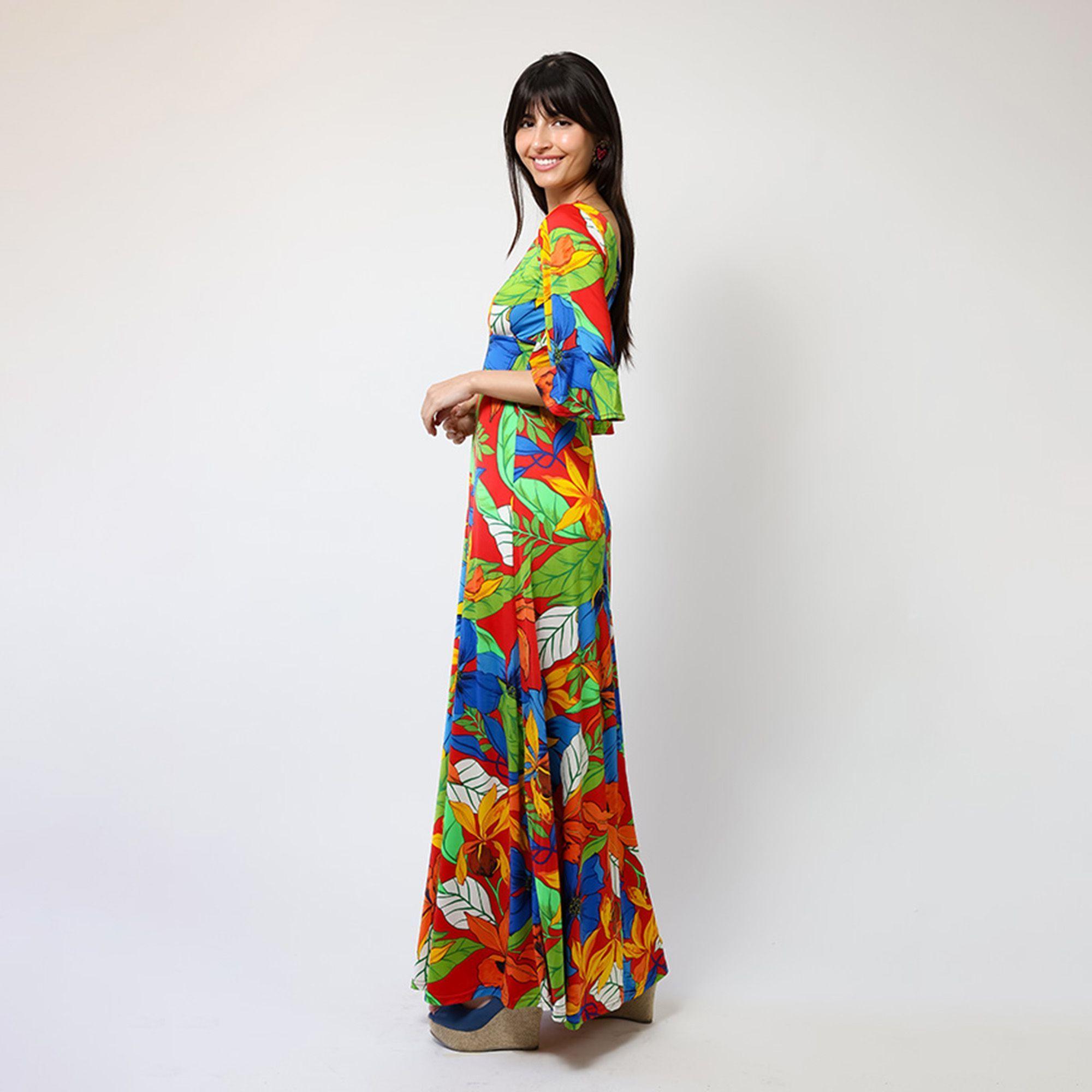 Vestido Magdalena Hojas Rojo Verde Azul | Natalia Seguel-2