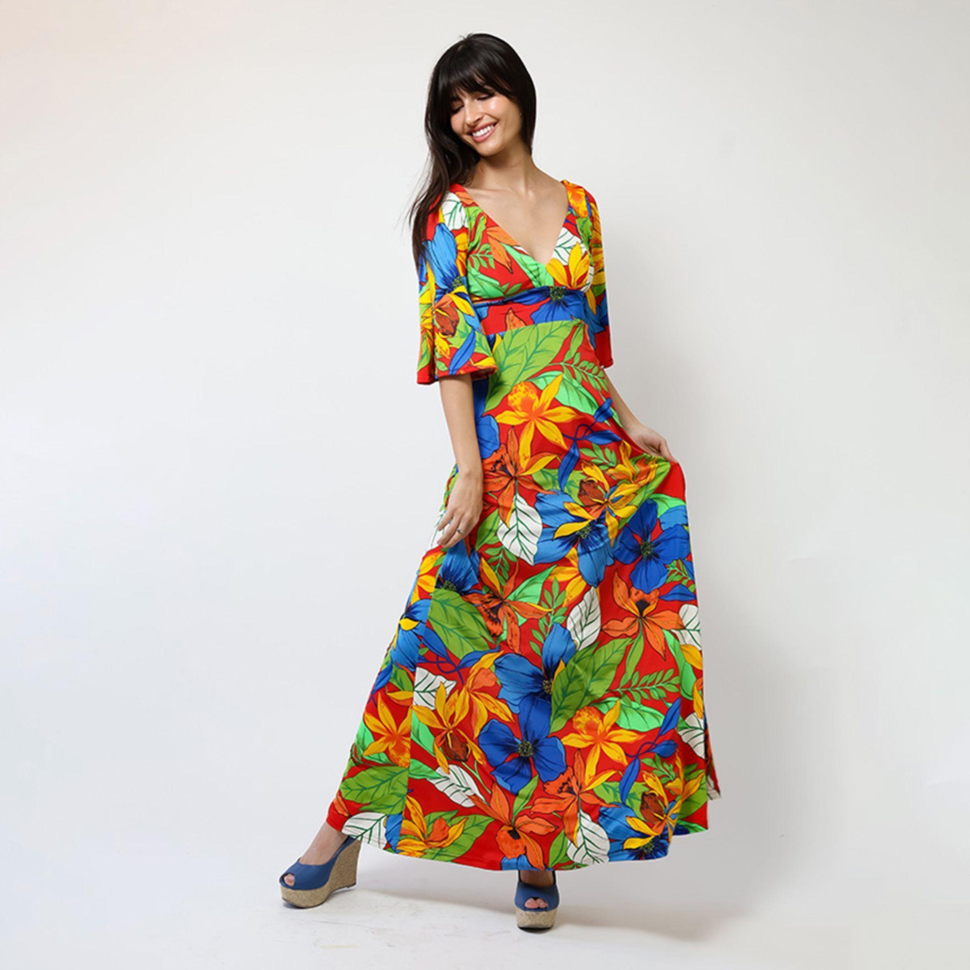 Vestido Magdalena Hojas Rojo Verde Azul | Natalia Seguel-5