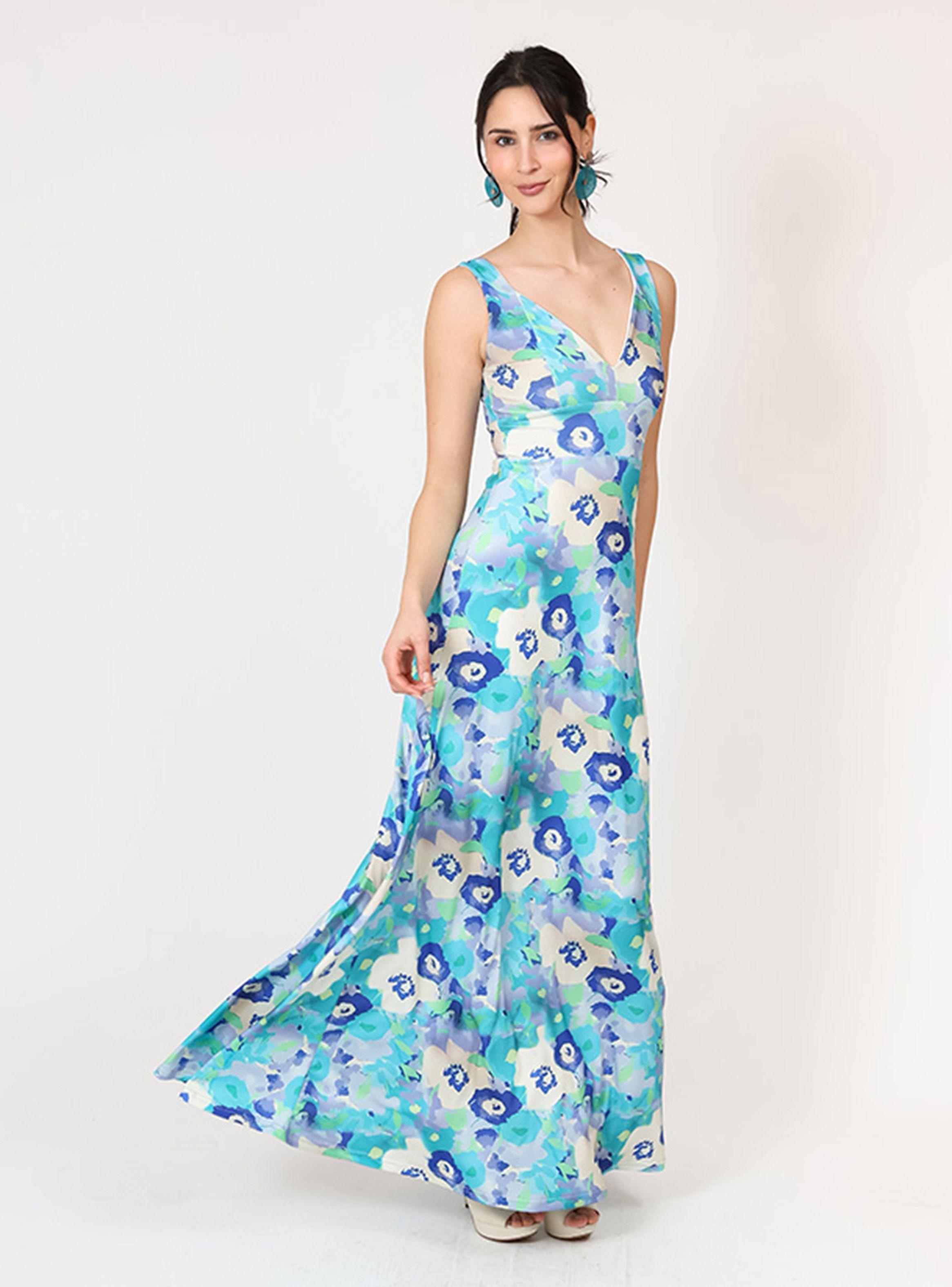 Vestido Vera Sin Mangas Turquesa Flores Natalia Seguel-2