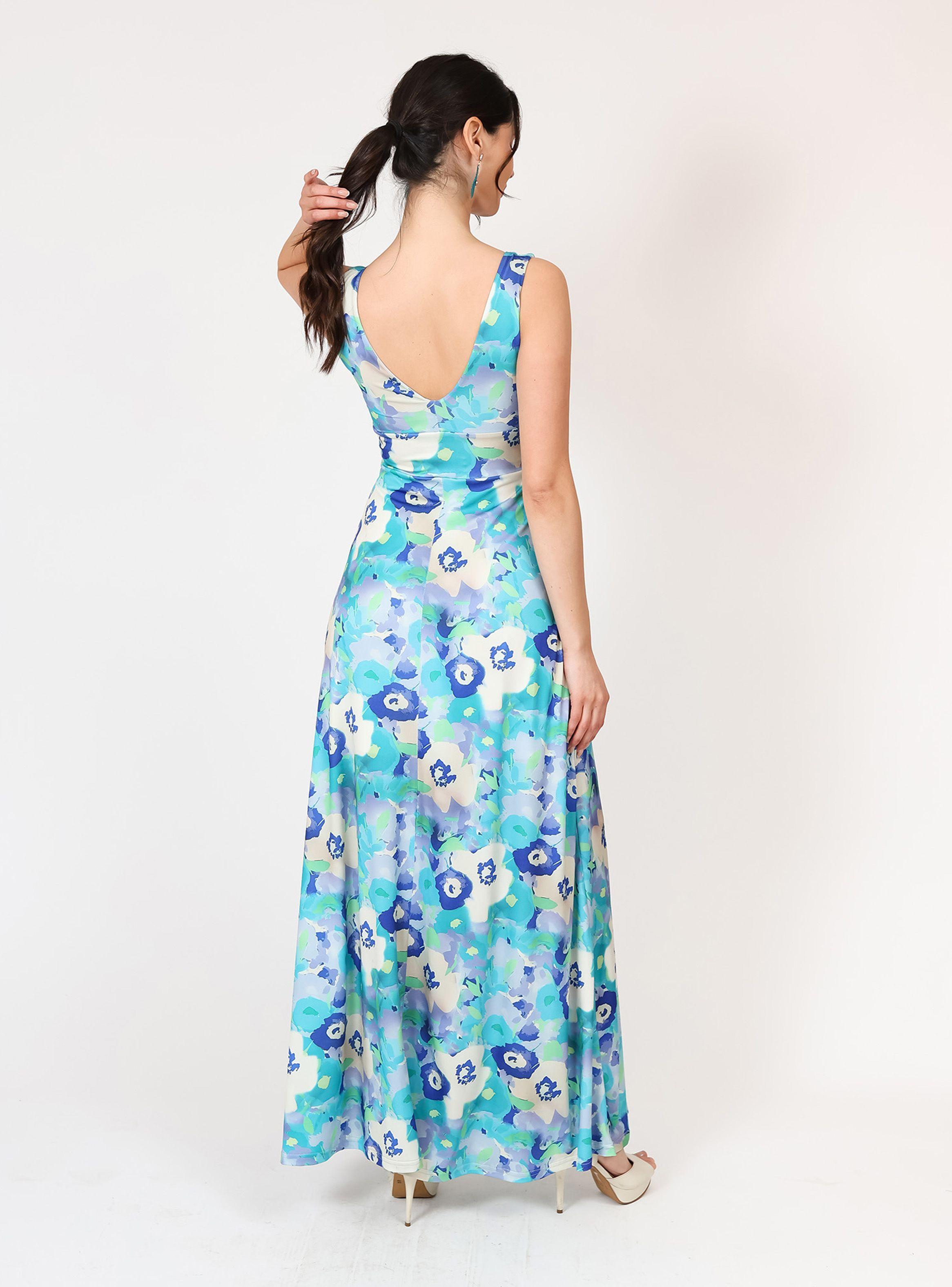 Vestido Vera Sin Mangas Turquesa Flores Natalia Seguel-4