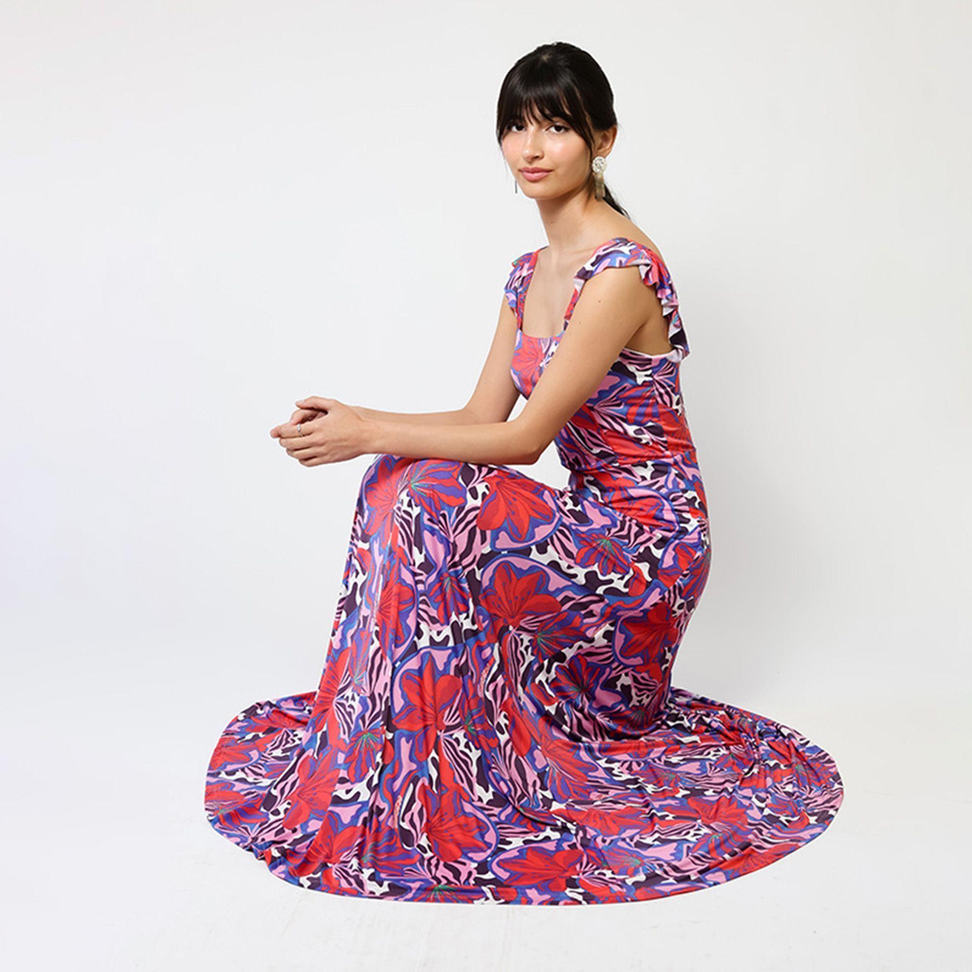 Vestido Mercedes Violeta Hojas Fucsia | Natalia Seguel-7