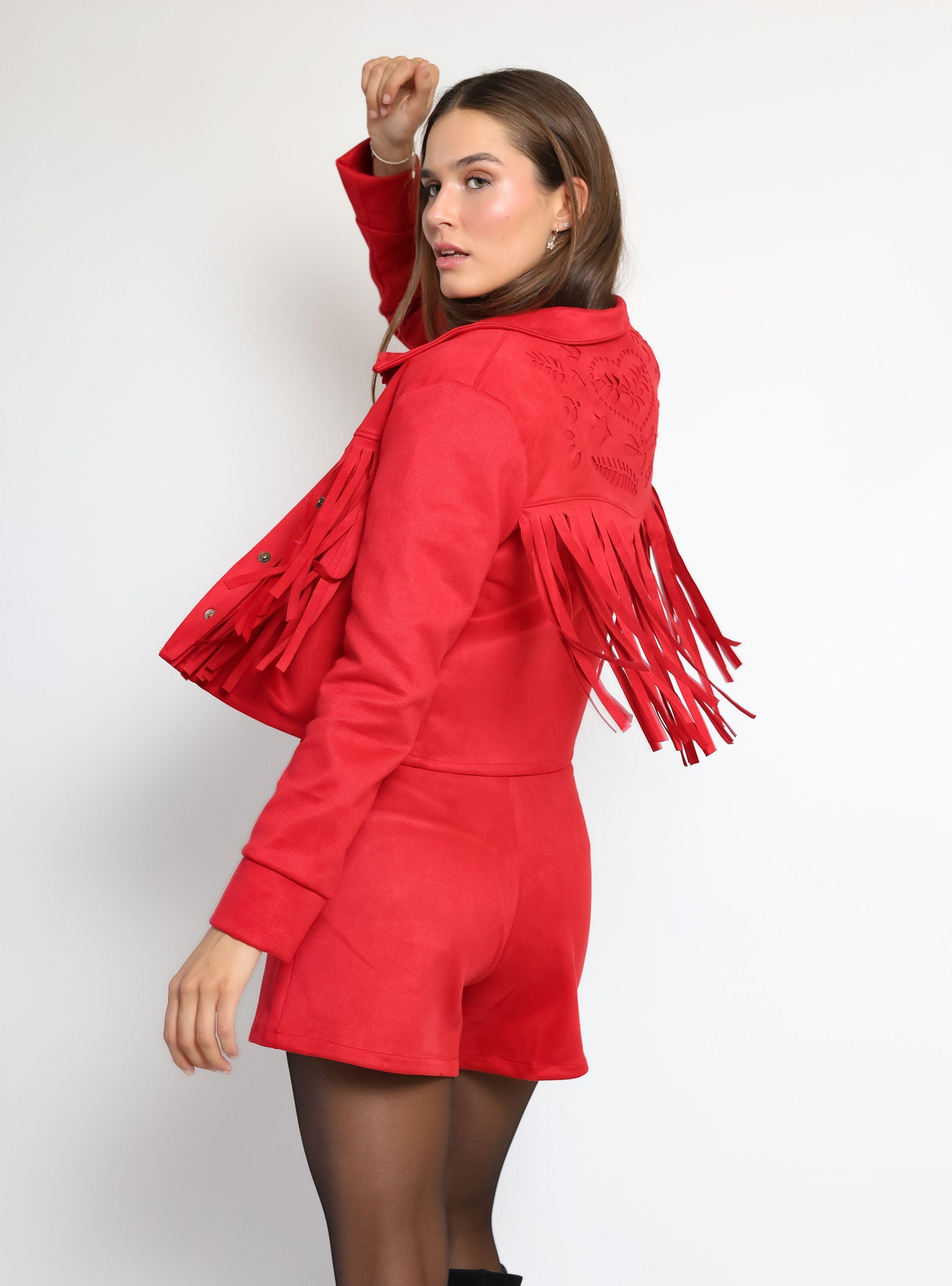 Chaqueta Corta Flecos Rojo Natalia Seguel-1