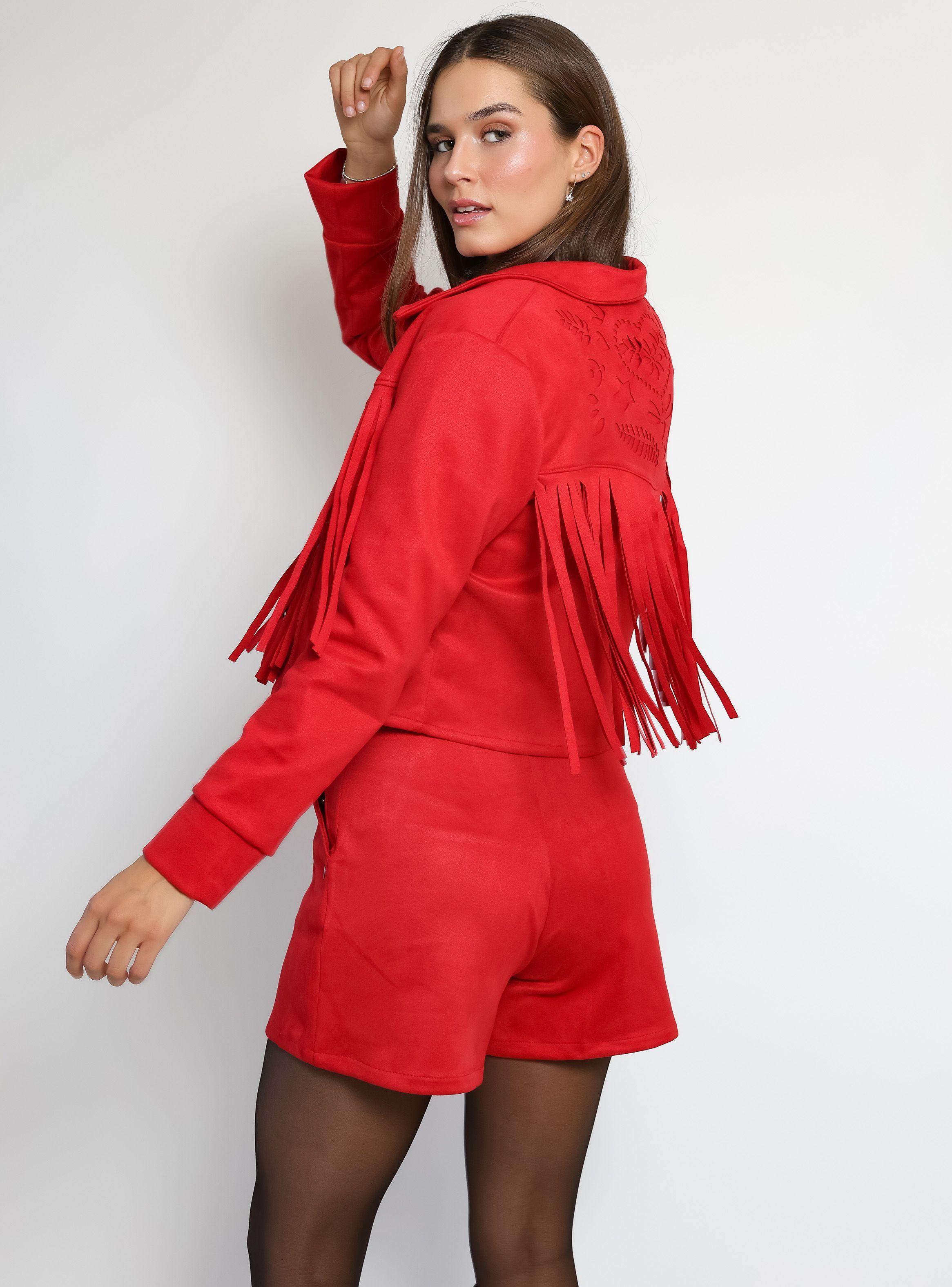 Chaqueta Corta Flecos Rojo Natalia Seguel-2
