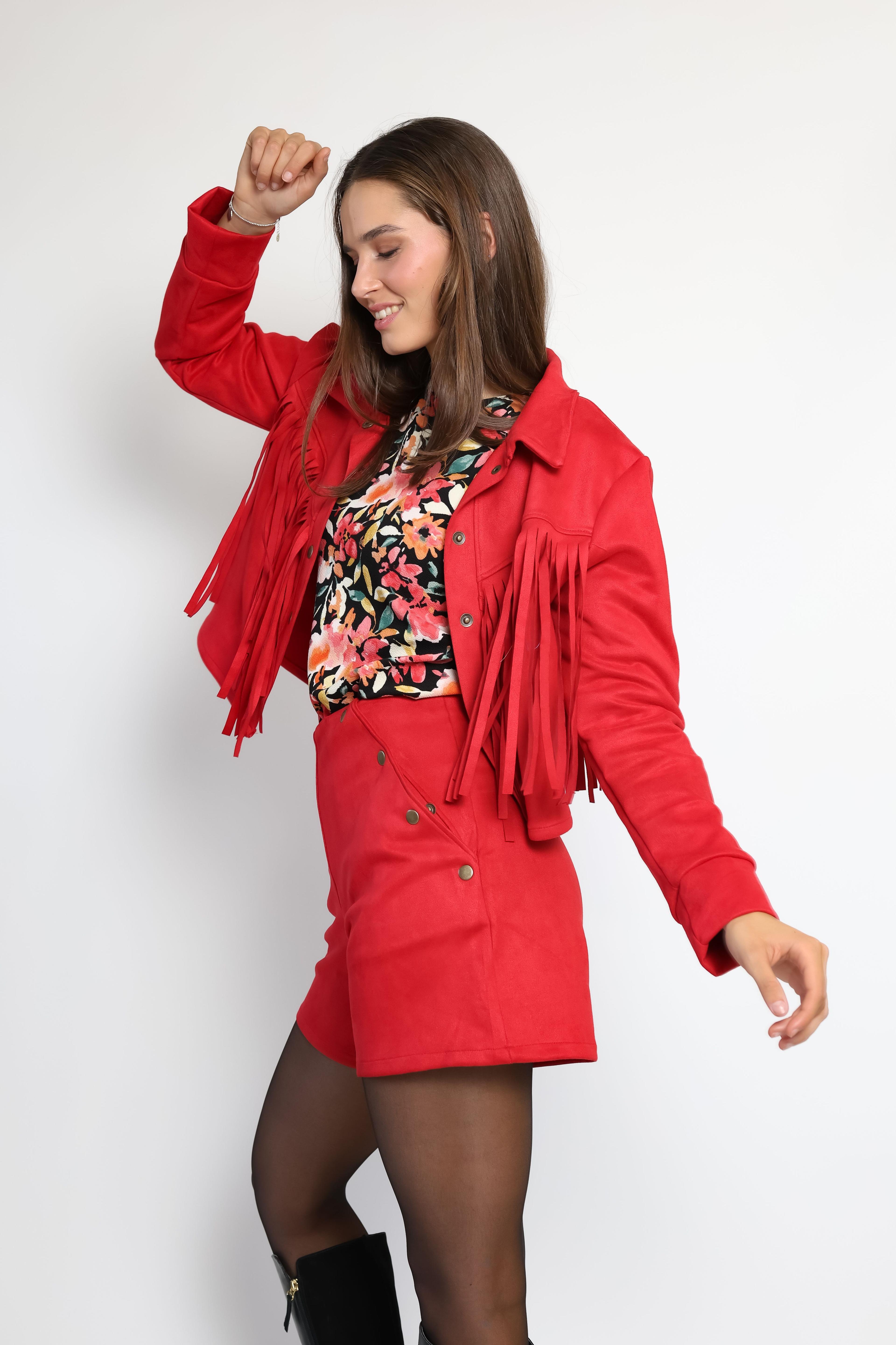 Chaqueta Corta Flecos Rojo Natalia Seguel-5