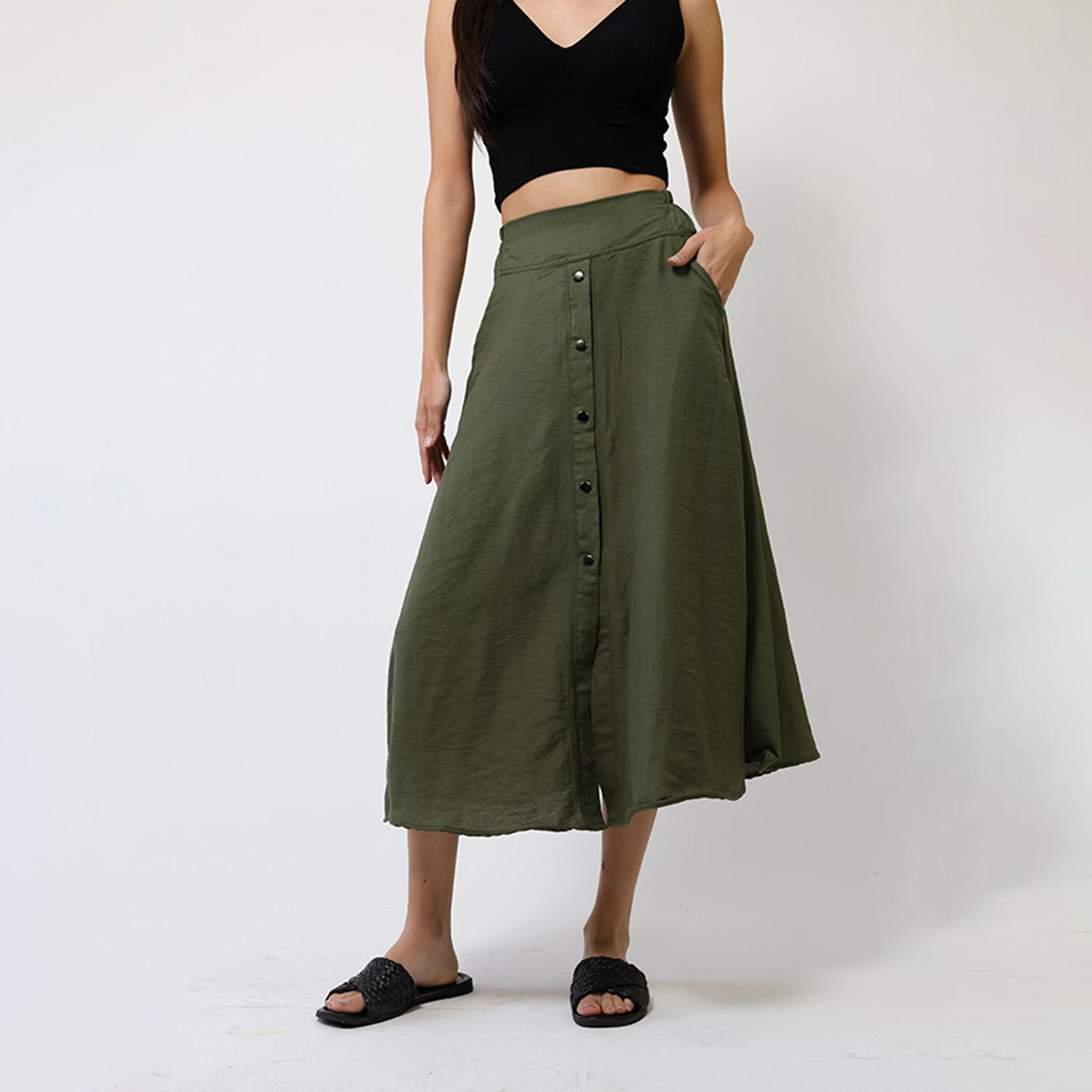 Falda Lino Verde Musgo Botones | Natalia Seguel-0
