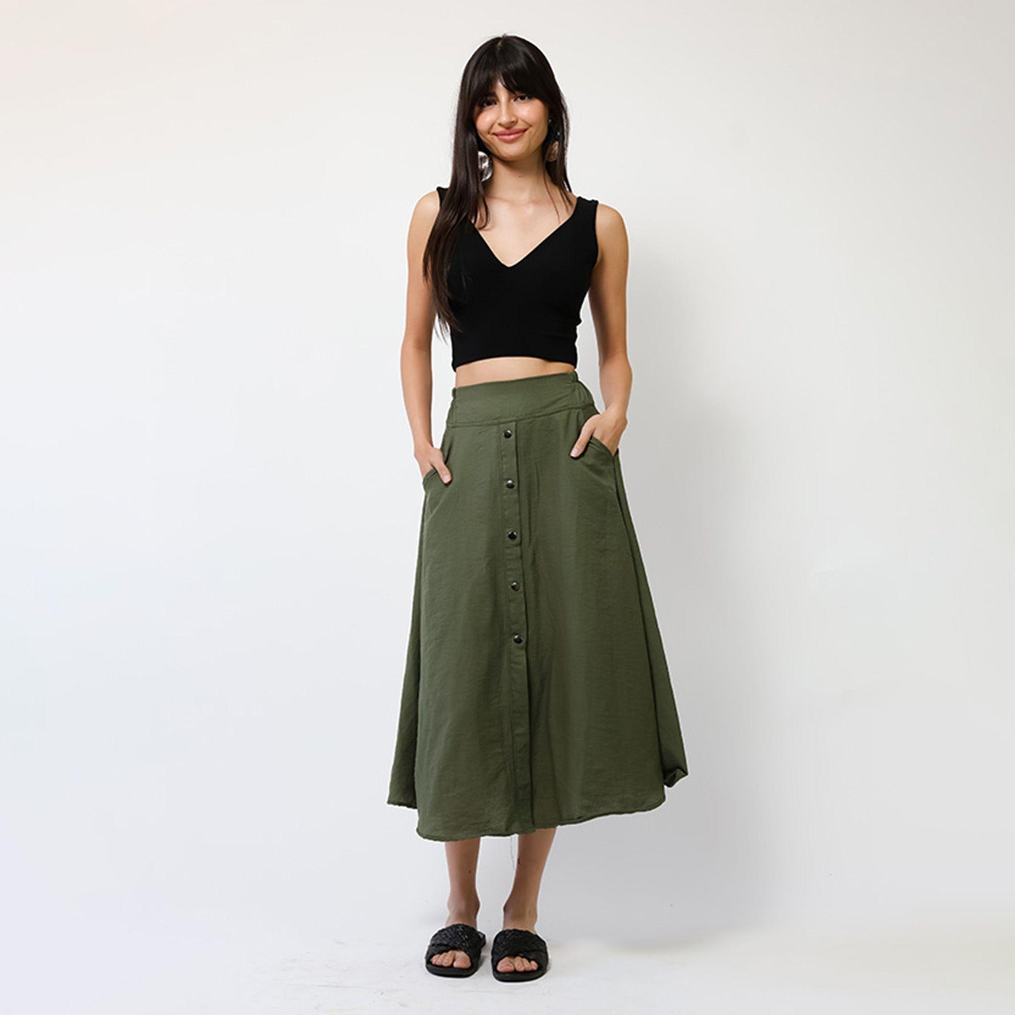 Falda Lino Verde Musgo Botones | Natalia Seguel-1