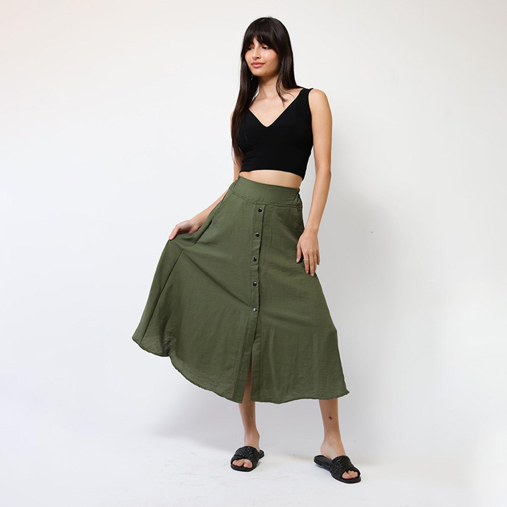 Falda Lino Verde Musgo Botones | Natalia Seguel-2