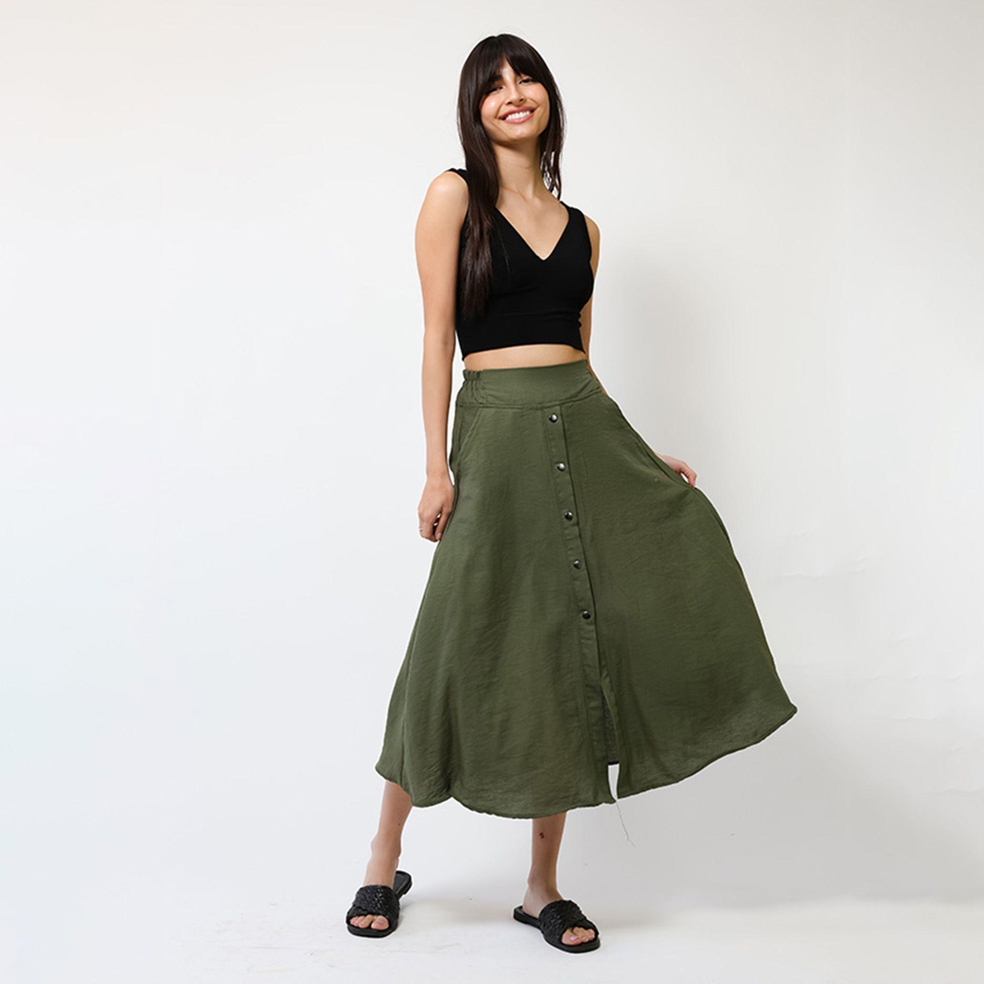 Falda Lino Verde Musgo Botones | Natalia Seguel-3