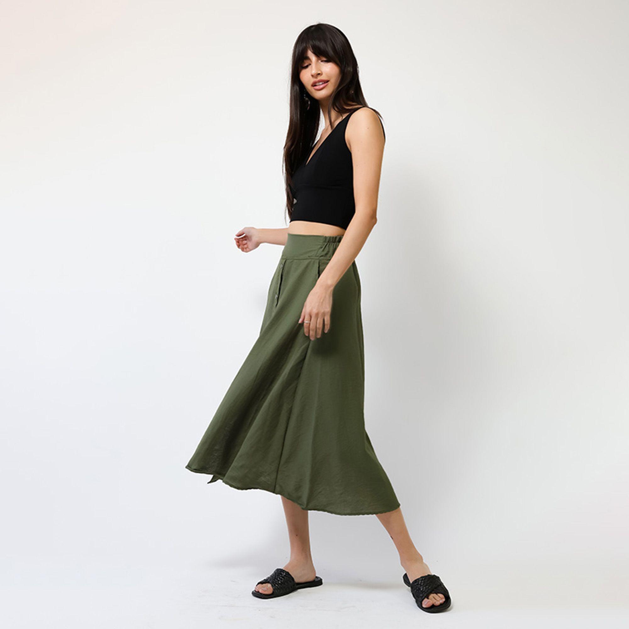 Falda Lino Verde Musgo Botones | Natalia Seguel-4